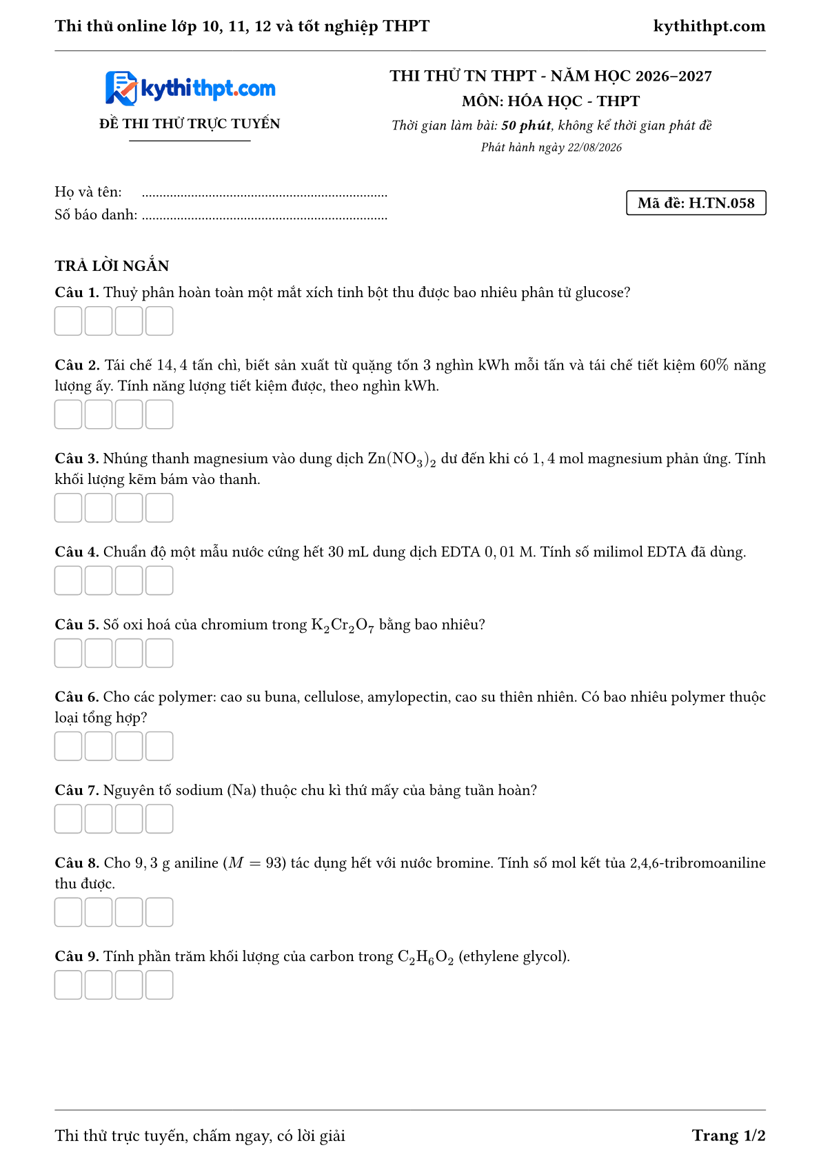 Trang đầu Đề thi thử online tốt nghiệp THPT môn Hóa học - ôn luyện trả lời ngắn - đề 058