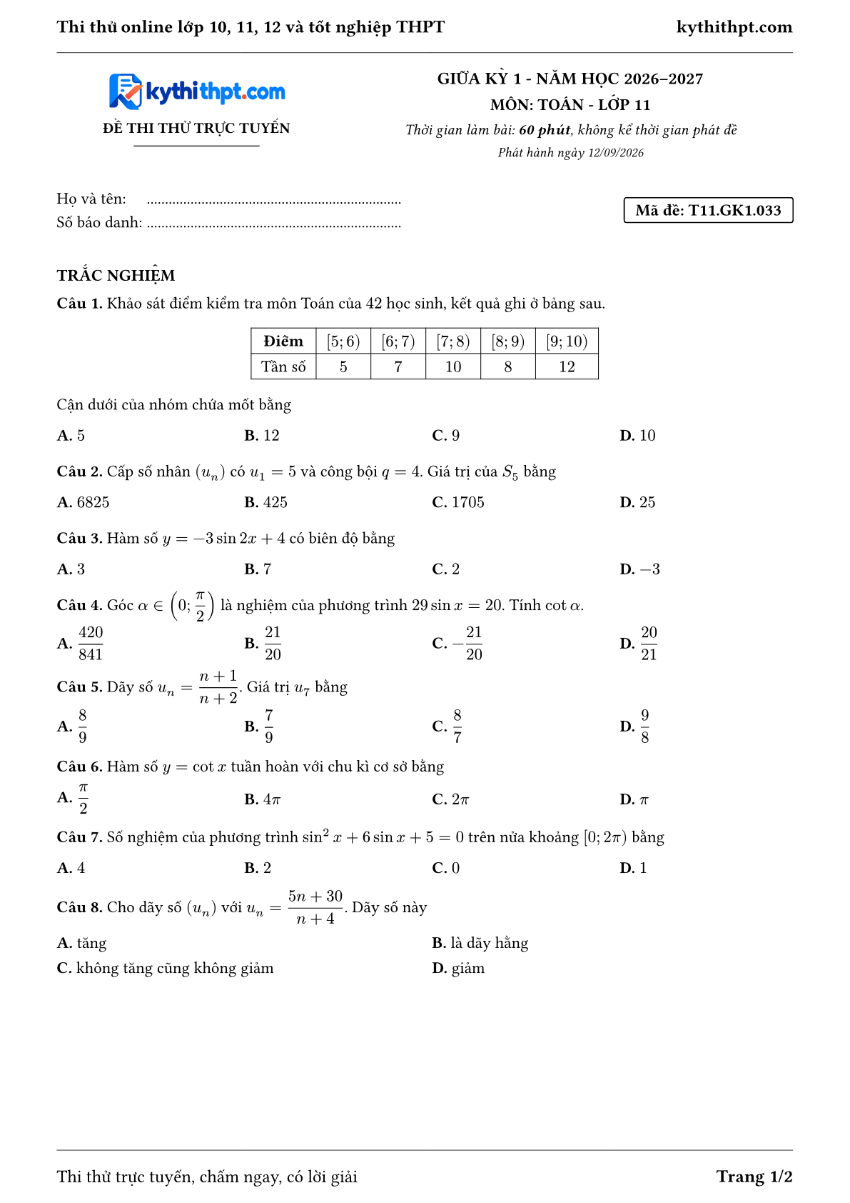 Trang đầu Đề thi thử online giữa kỳ 1 môn Toán lớp 11 - trắc nghiệm + đúng/sai + trả lời ngắn - đề 033