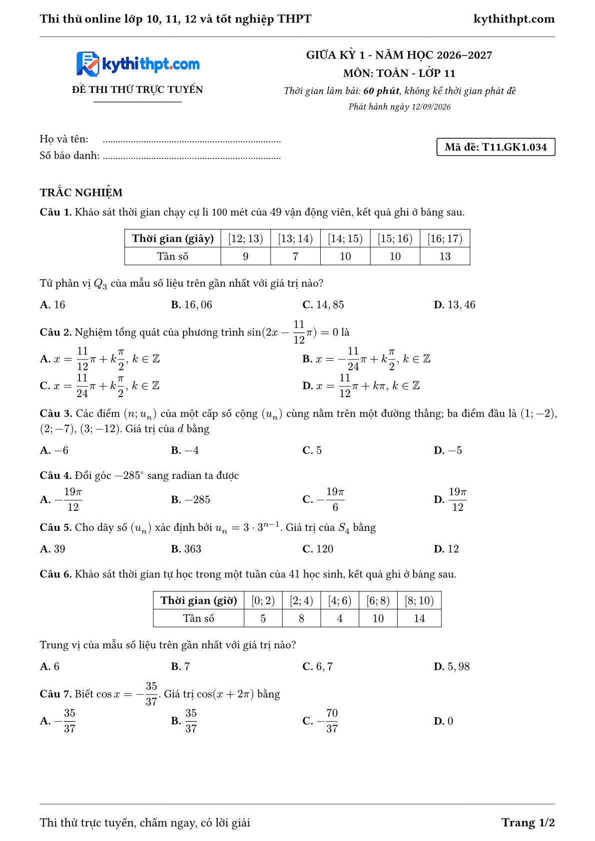 Trang đầu Đề thi thử online giữa kỳ 1 môn Toán lớp 11 - trắc nghiệm + đúng/sai + tự luận - đề 034