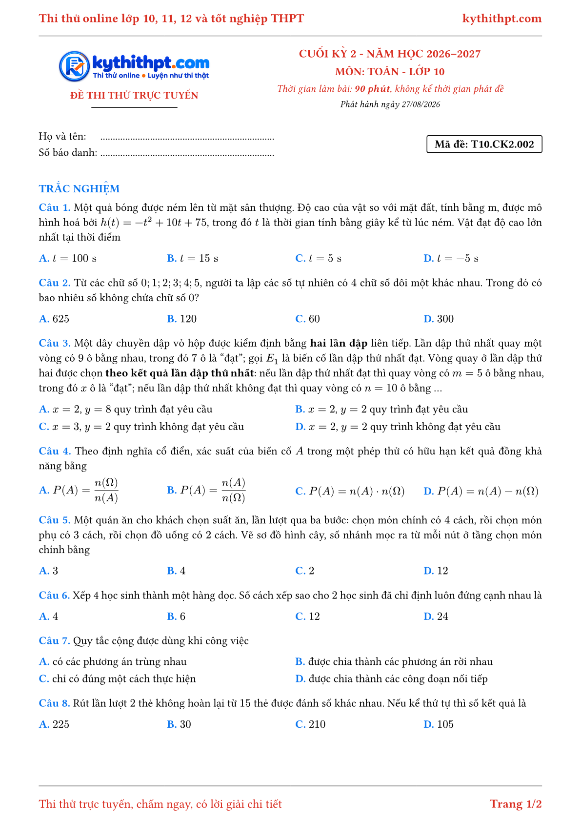 Trang đầu Đề thi thử online cuối kỳ 2 môn Toán lớp 10 - full trắc nghiệm - đề 002