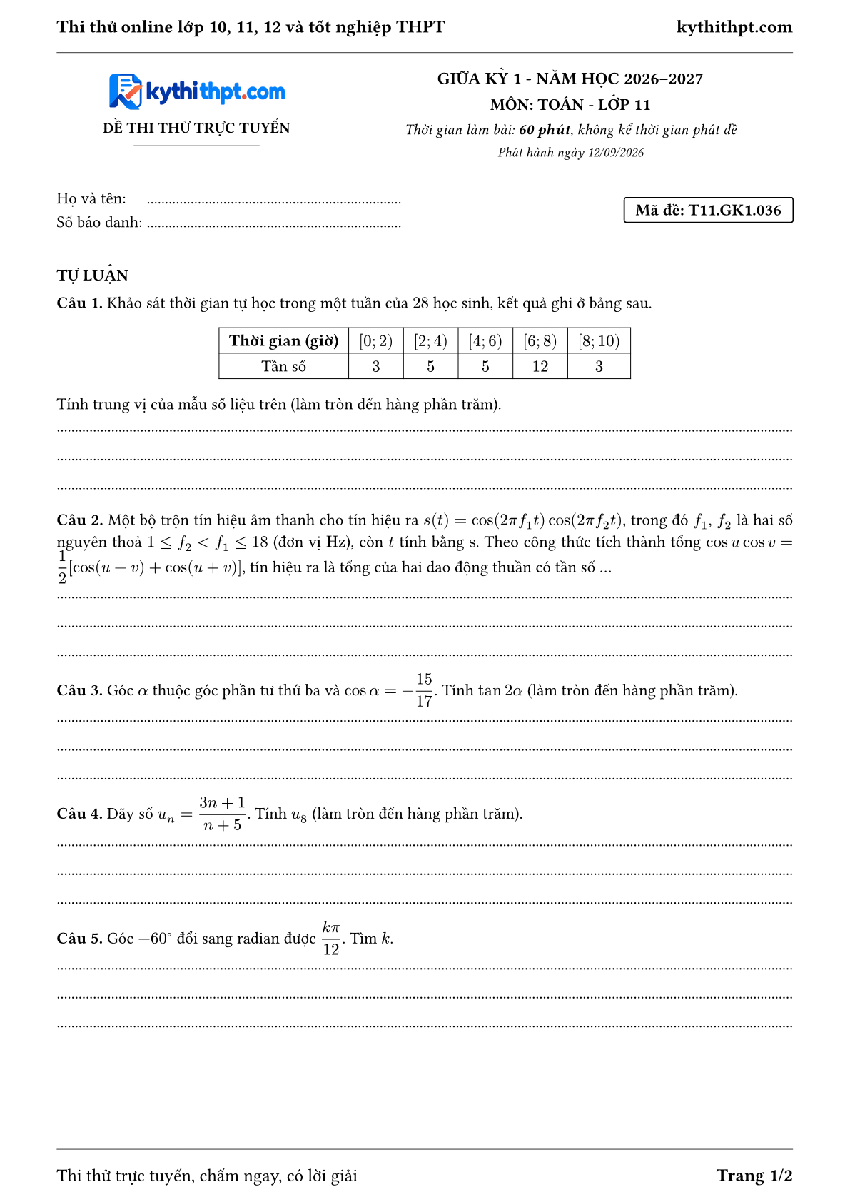 Trang đầu Đề thi thử online giữa kỳ 1 môn Toán lớp 11 - full tự luận - đề 036