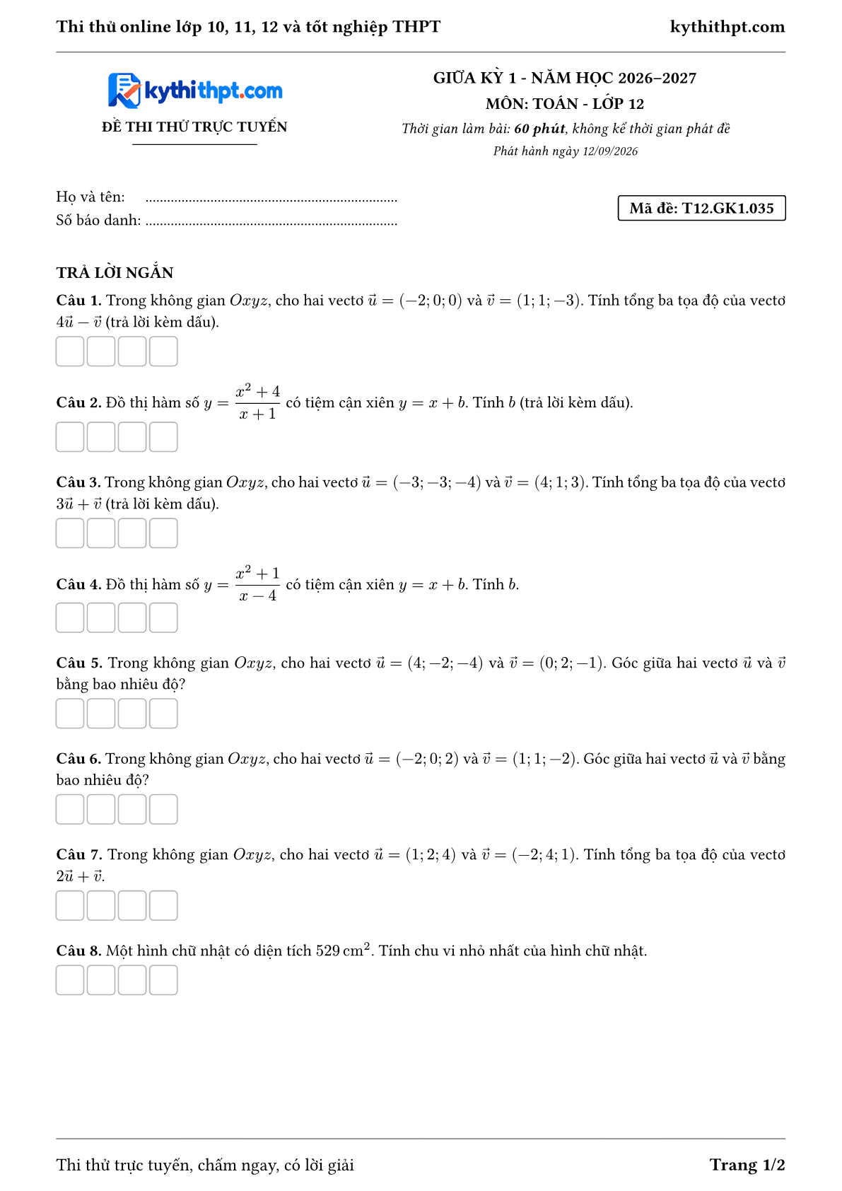 Trang đầu Đề thi thử online giữa kỳ 1 môn Toán lớp 12 - full trả lời ngắn - đề 035