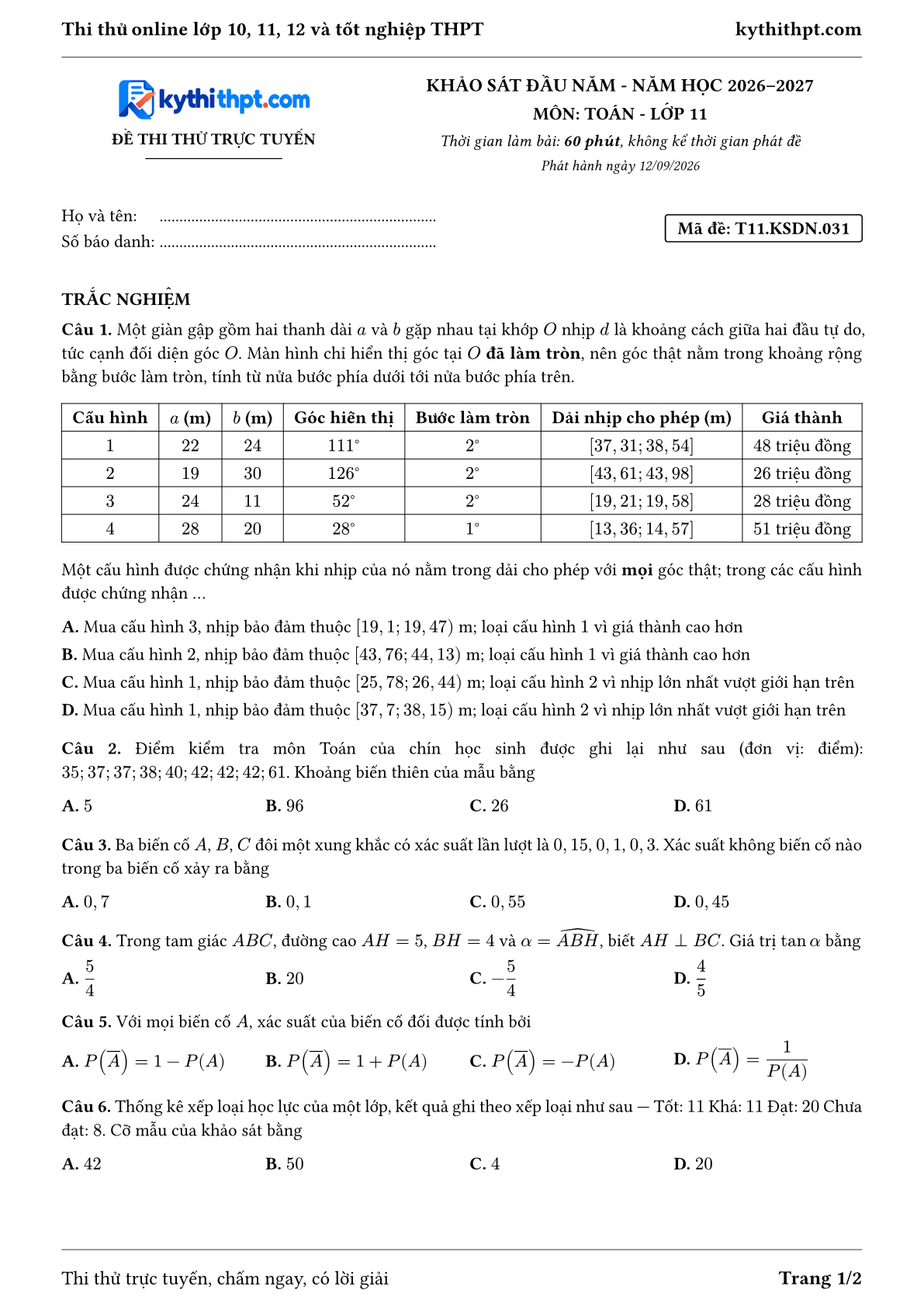 Trang đầu Đề thi thử online khảo sát đầu năm môn Toán lớp 11 - full trắc nghiệm - đề 031