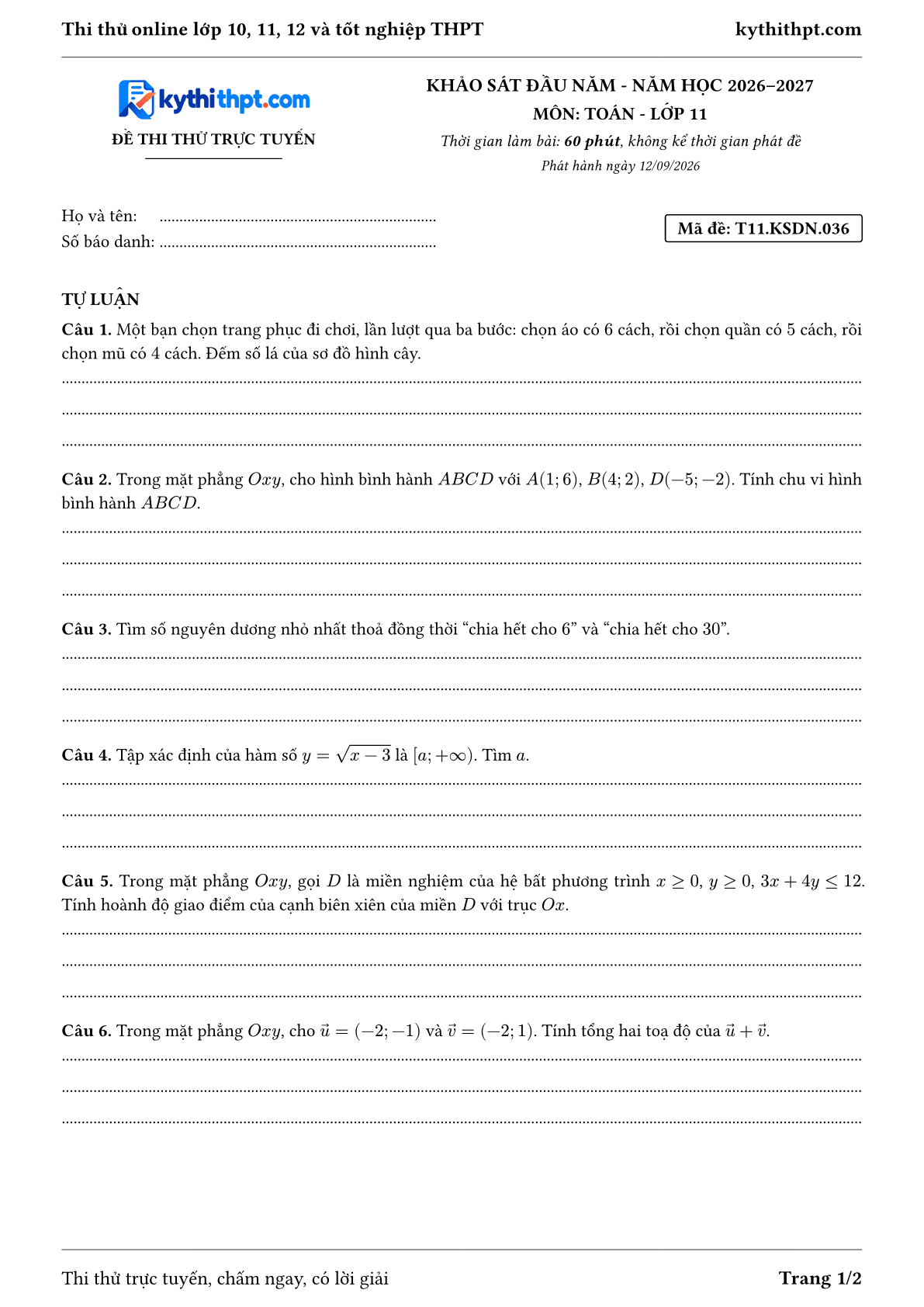 Trang đầu Đề thi thử online khảo sát đầu năm môn Toán lớp 11 - full tự luận - đề 036