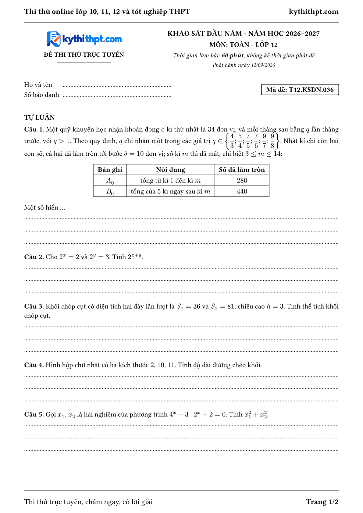 Trang đầu Đề thi thử online khảo sát đầu năm môn Toán lớp 12 - full tự luận - đề 036