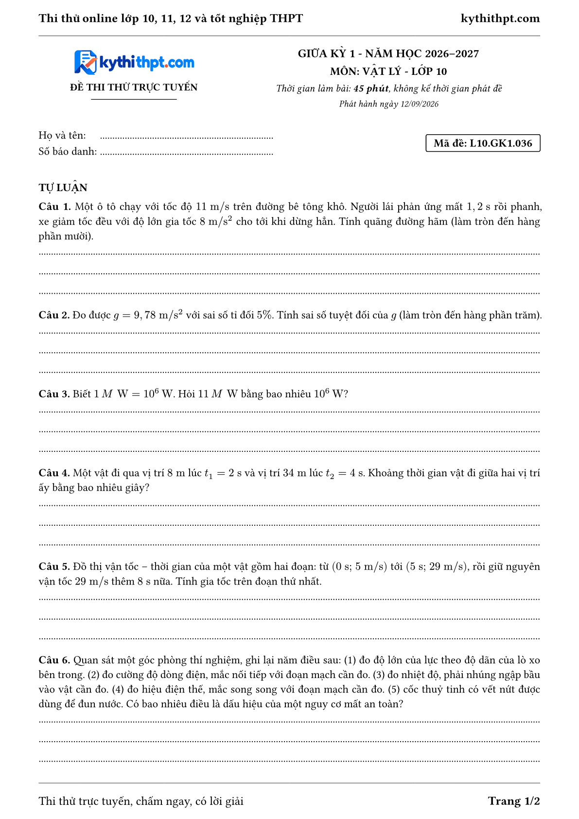 Trang đầu Đề thi thử online giữa kỳ 1 môn Vật lý lớp 10 - full tự luận - đề 036