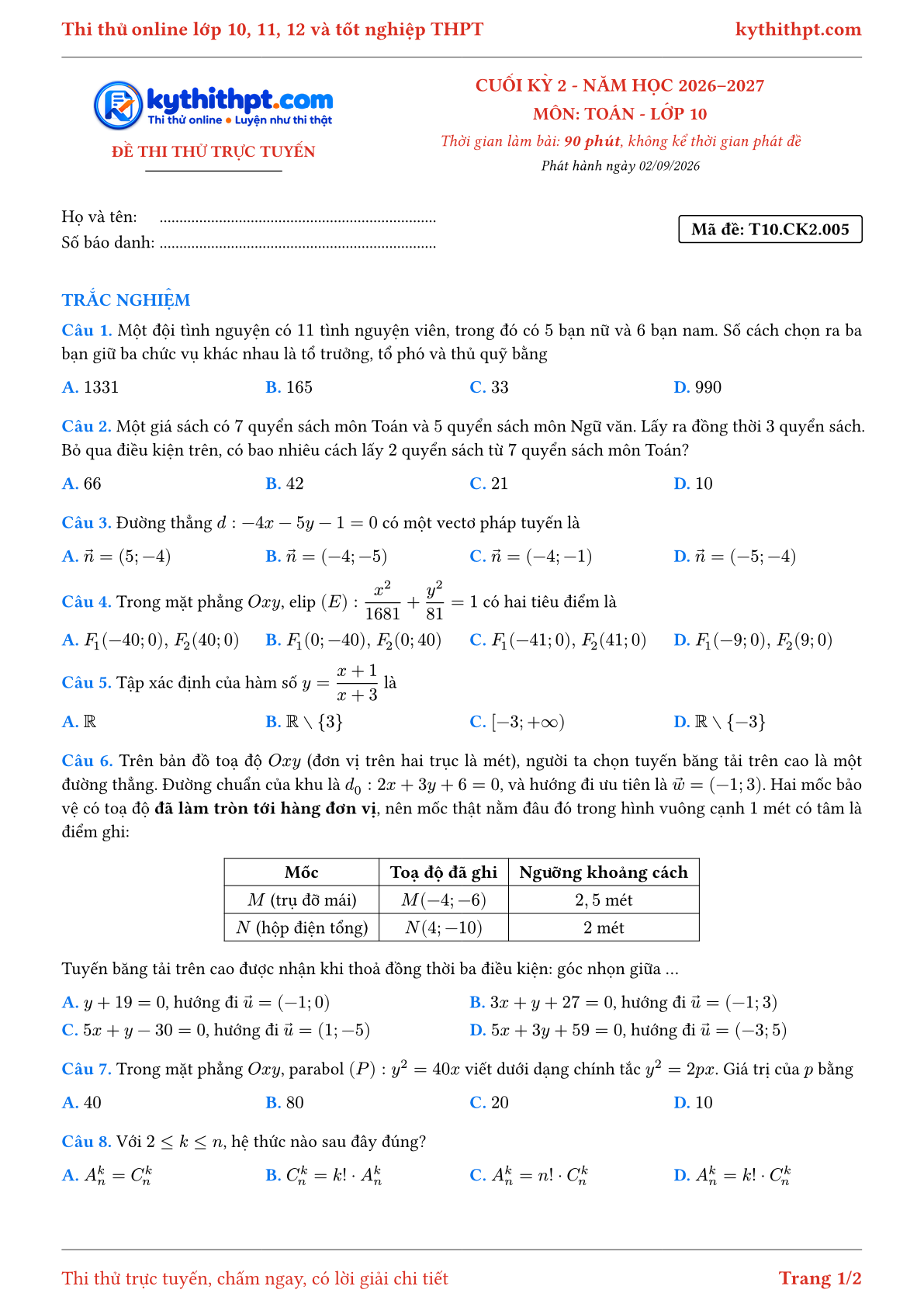 Trang đầu Đề thi thử online cuối kỳ 2 môn Toán lớp 10 - full trắc nghiệm - đề 005