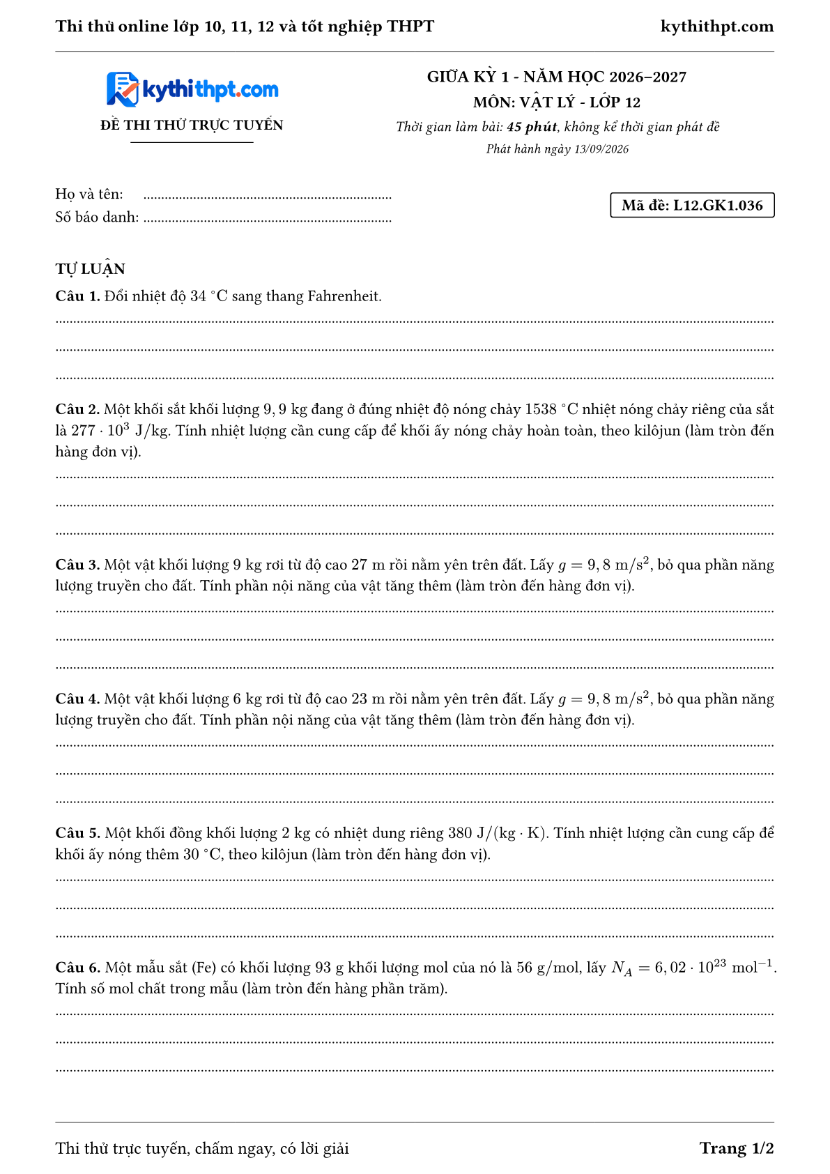 Trang đầu Đề thi thử online giữa kỳ 1 môn Vật lý lớp 12 - full tự luận - đề 036