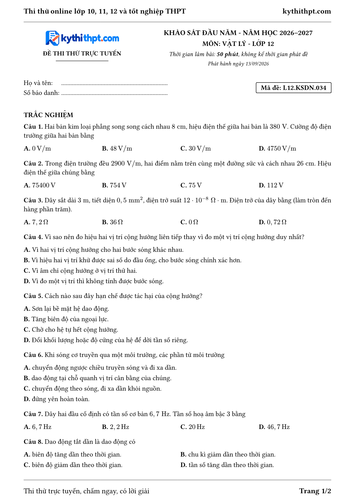 Trang đầu Đề thi thử online khảo sát đầu năm môn Vật lý lớp 12 - trắc nghiệm + đúng/sai + tự luận - đề 024