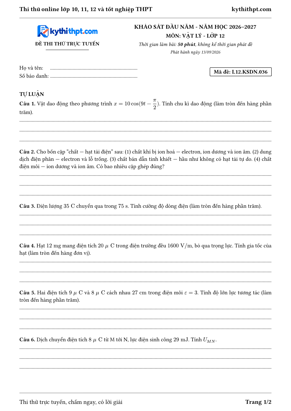 Trang đầu Đề thi thử online khảo sát đầu năm môn Vật lý lớp 12 - full tự luận - đề 036
