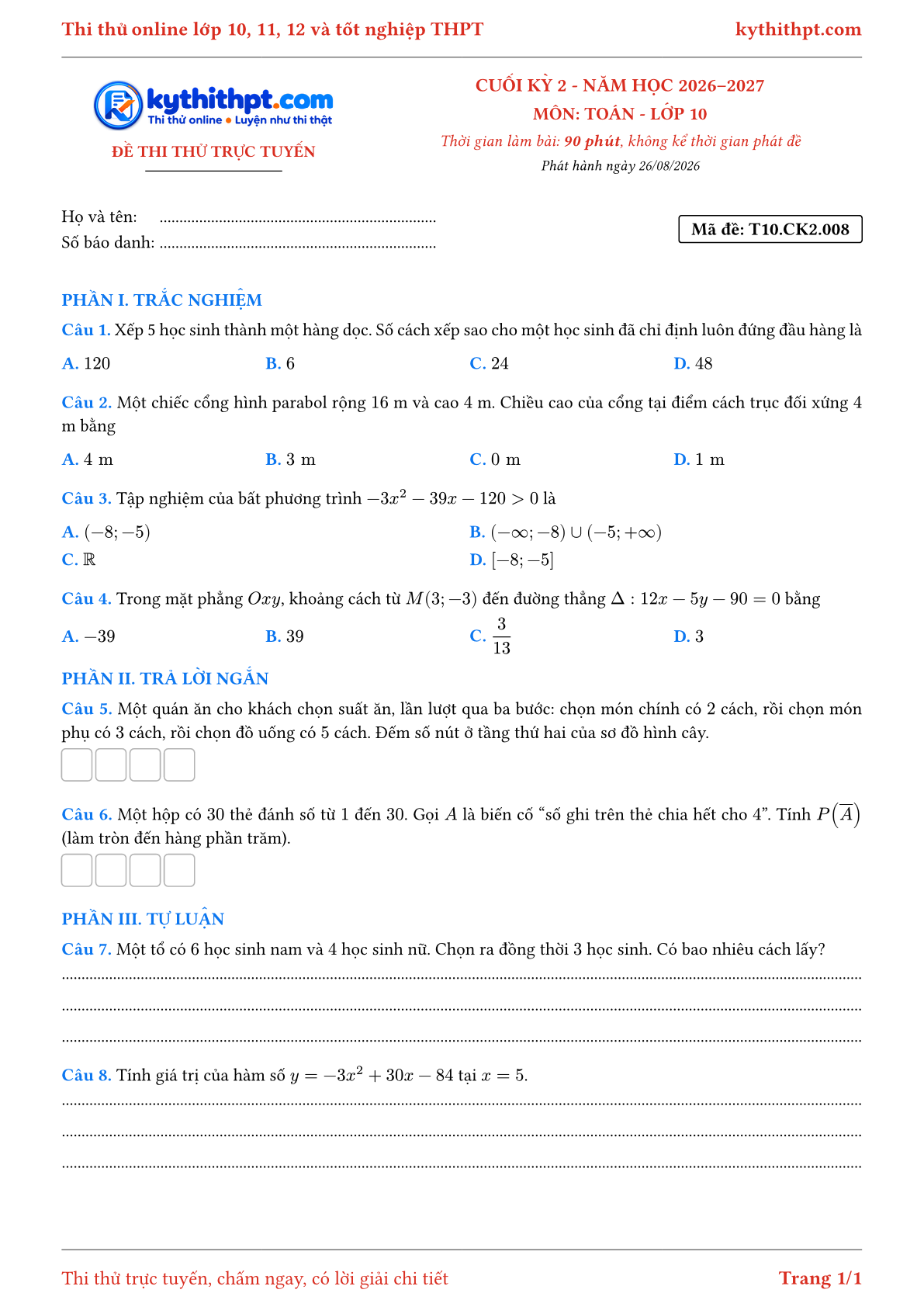 Trang đầu Đề thi thử online cuối kỳ 2 môn Toán lớp 10 - trắc nghiệm + trả lời ngắn + tự luận - đề 008