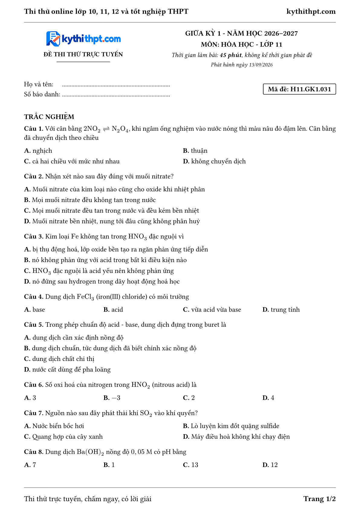 Trang đầu Đề thi thử online giữa kỳ 1 môn Hóa học lớp 11 - full trắc nghiệm - đề 006