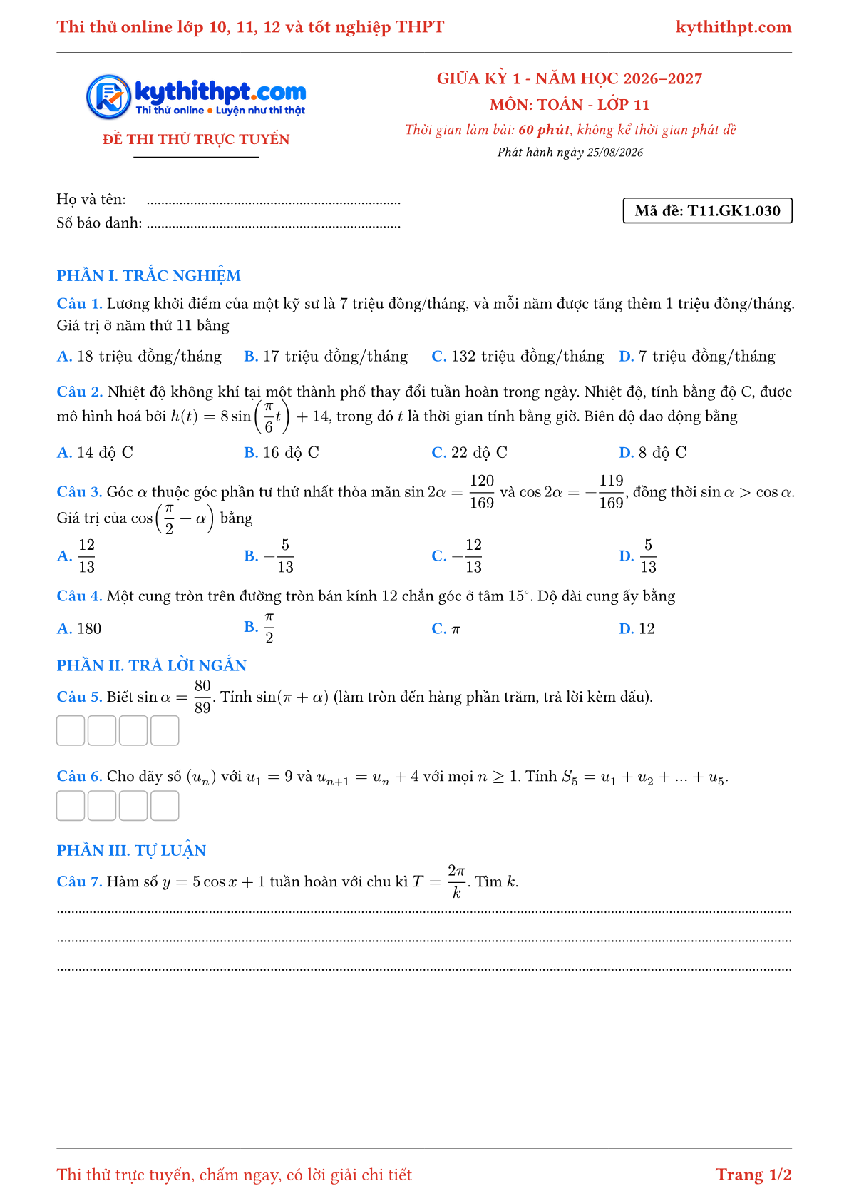 Trang đầu Đề thi thử online giữa kỳ 1 môn Toán lớp 11 - trắc nghiệm + trả lời ngắn + tự luận - đề 031