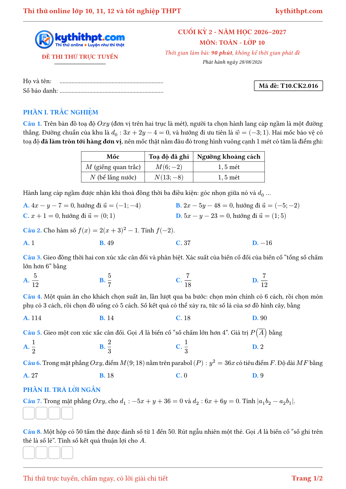 Trang đầu Đề thi thử online cuối kỳ 2 môn Toán lớp 10 - trắc nghiệm + trả lời ngắn - đề 016