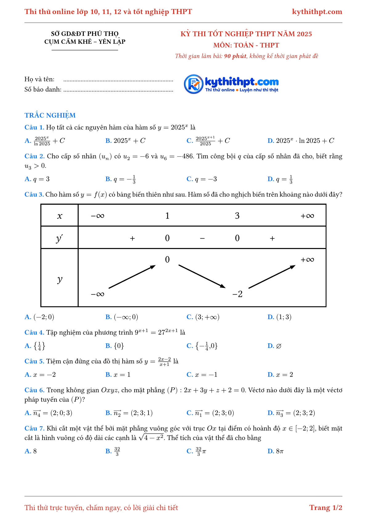 Trang đầu Đề tham khảo tốt nghiệp THPT môn Toán Cụm Cẩm Khê – Yên Lập Sở GD&ĐT Phú Thọ năm 2025
