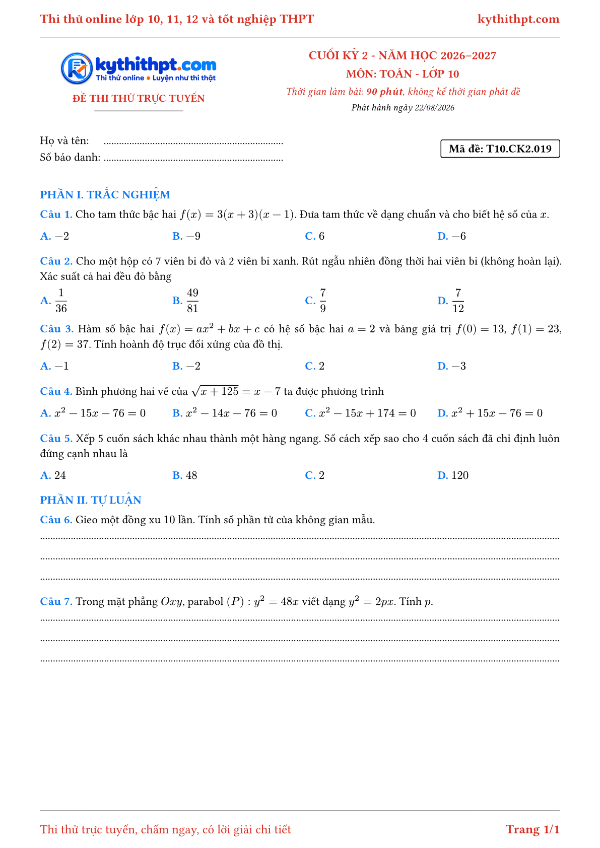 Trang đầu Đề thi thử online cuối kỳ 2 môn Toán lớp 10 - trắc nghiệm + tự luận - đề 019