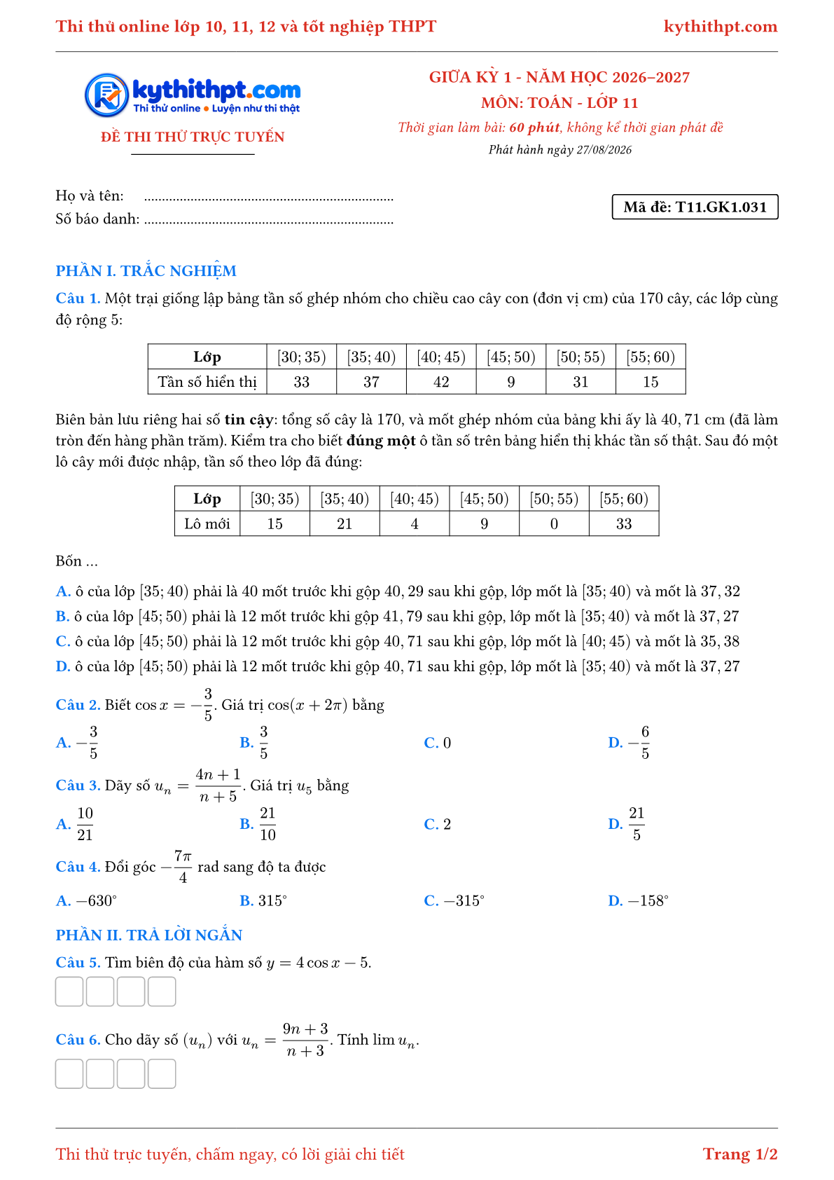 Trang đầu Đề thi thử online giữa kỳ 1 môn Toán lớp 11 - trắc nghiệm + trả lời ngắn + tự luận - đề 032