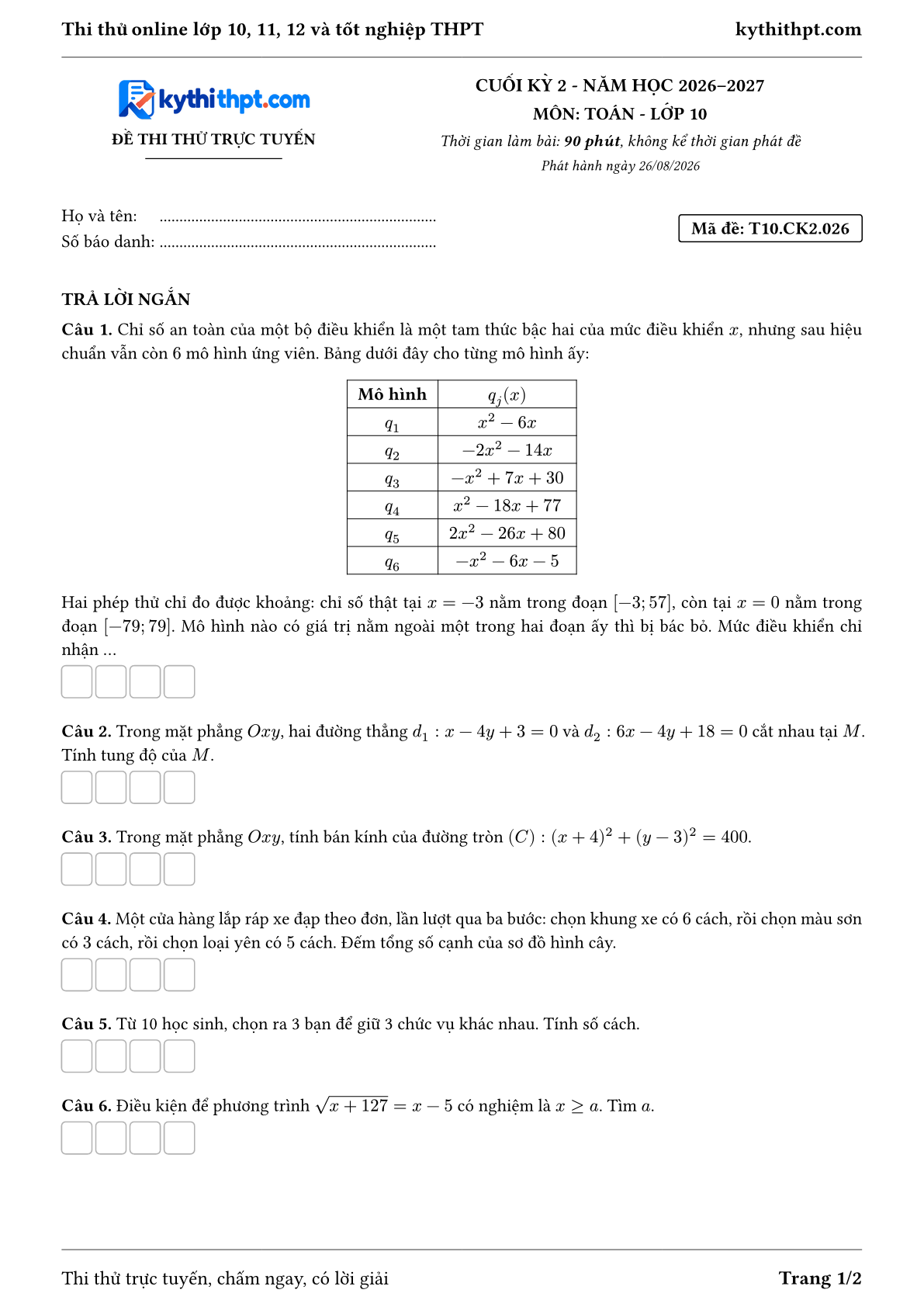 Trang đầu Đề thi thử online cuối kỳ 2 môn Toán lớp 10 - full trả lời ngắn - đề 026
