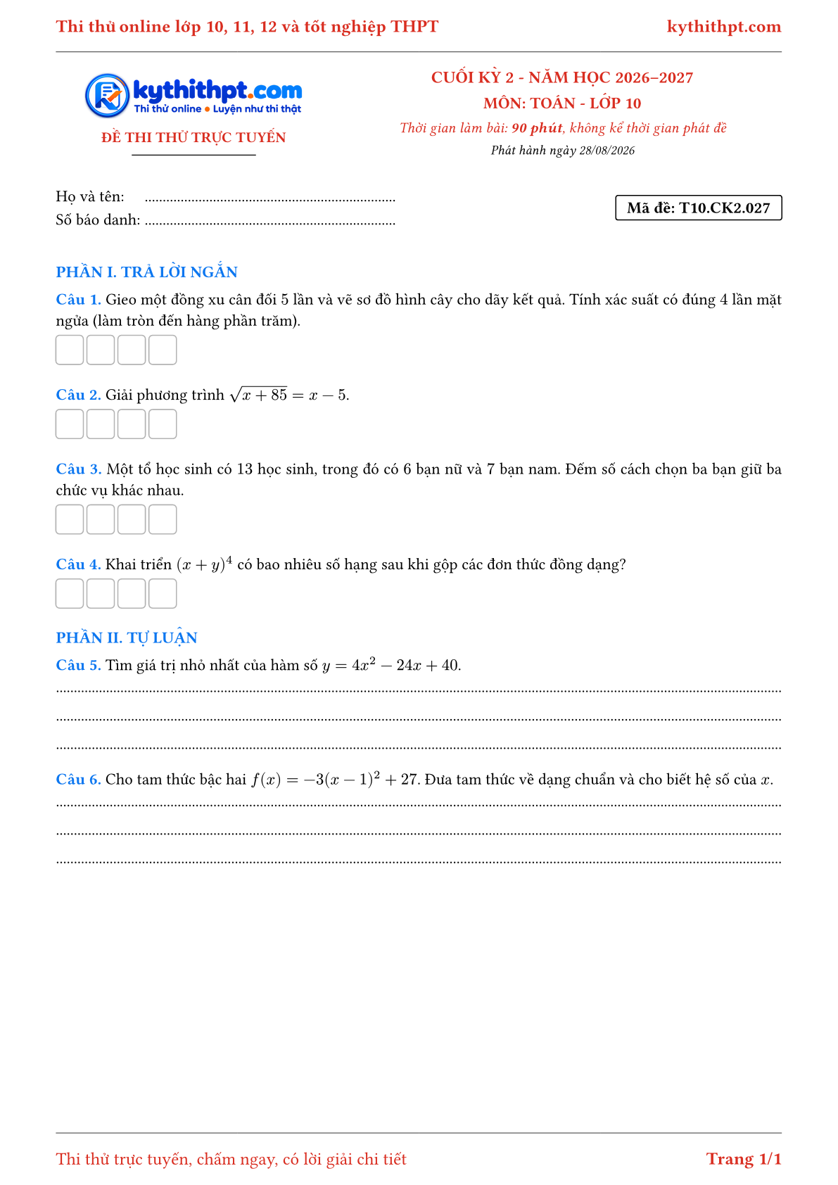 Trang đầu Đề thi thử online cuối kỳ 2 môn Toán lớp 10 - trả lời ngắn + tự luận - đề 027