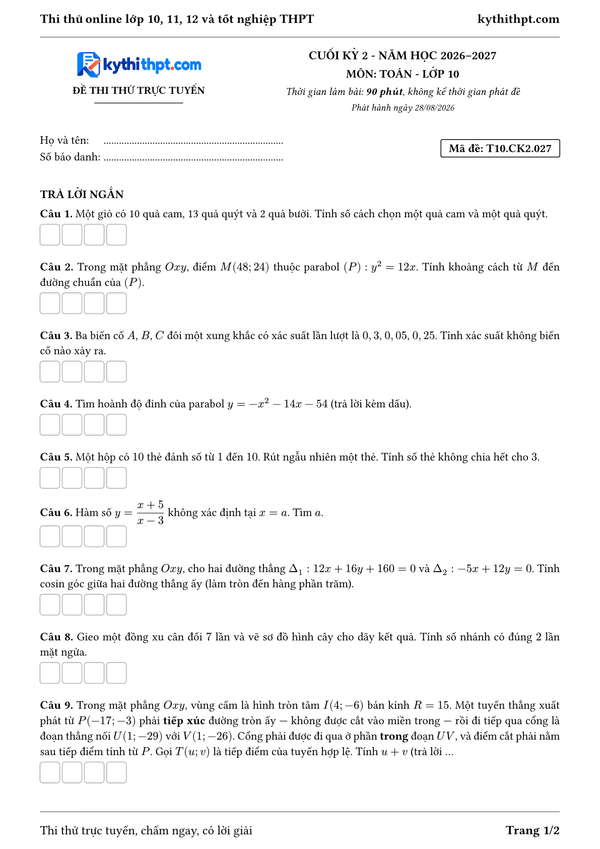 Trang đầu Đề thi thử online cuối kỳ 2 môn Toán lớp 10 - full trả lời ngắn - đề 027