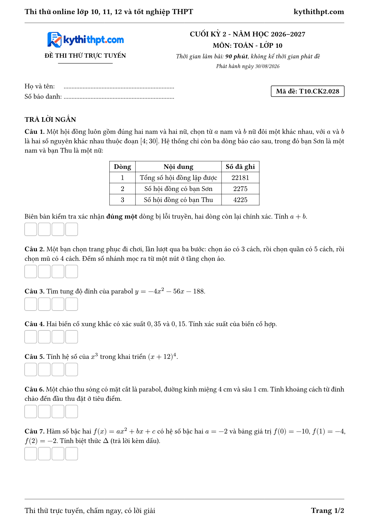 Trang đầu Đề thi thử online cuối kỳ 2 môn Toán lớp 10 - full trả lời ngắn - đề 028