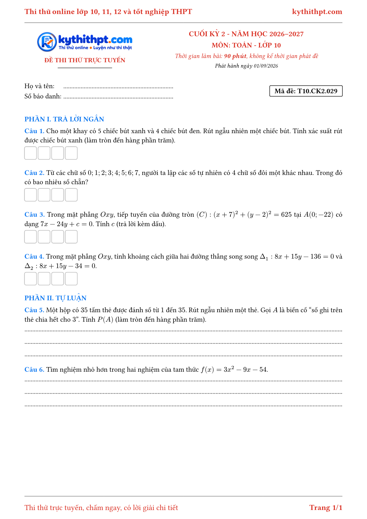 Trang đầu Đề thi thử online cuối kỳ 2 môn Toán lớp 10 - trả lời ngắn + tự luận - đề 029