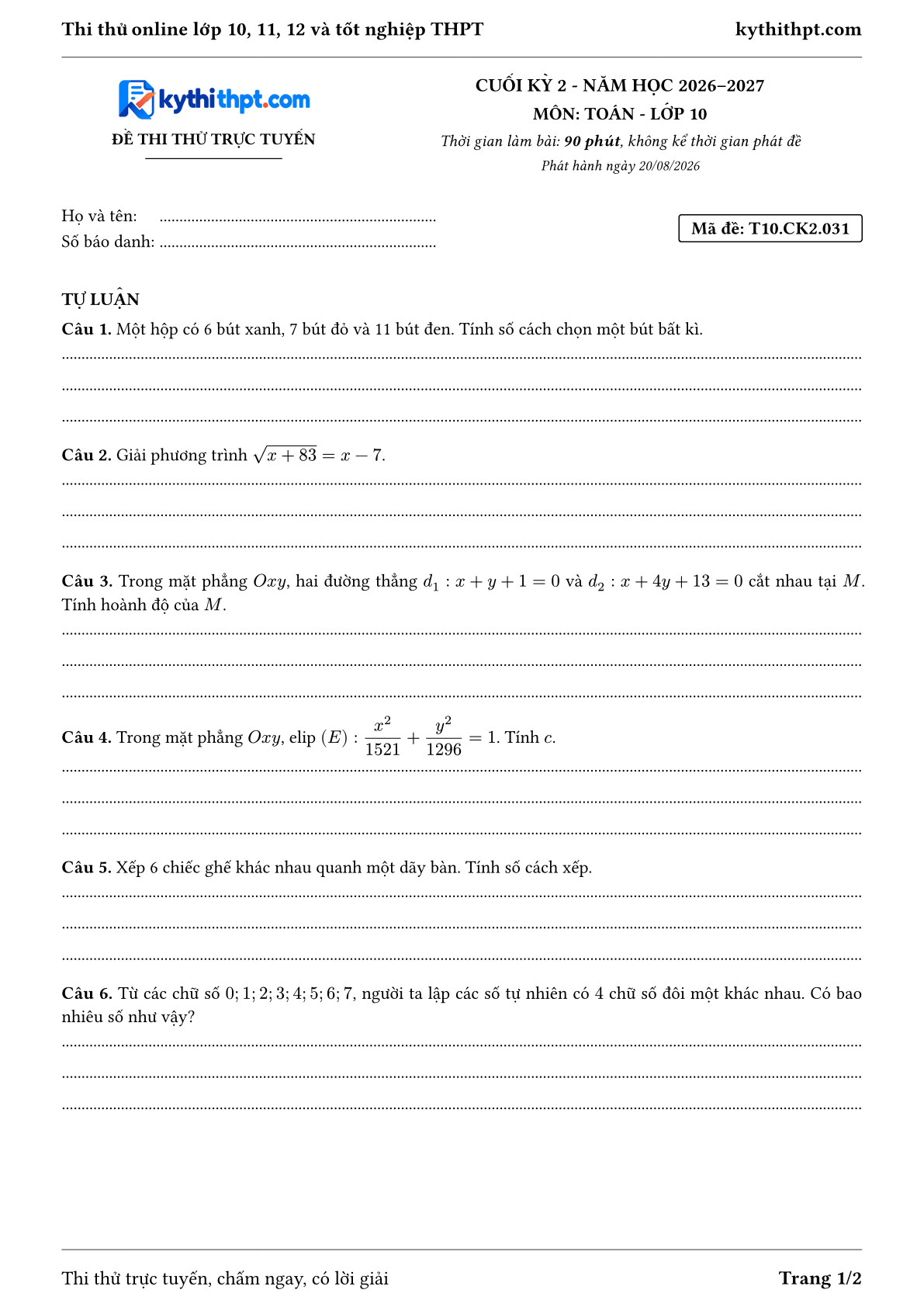 Trang đầu Đề thi thử online cuối kỳ 2 môn Toán lớp 10 - full tự luận - đề 031