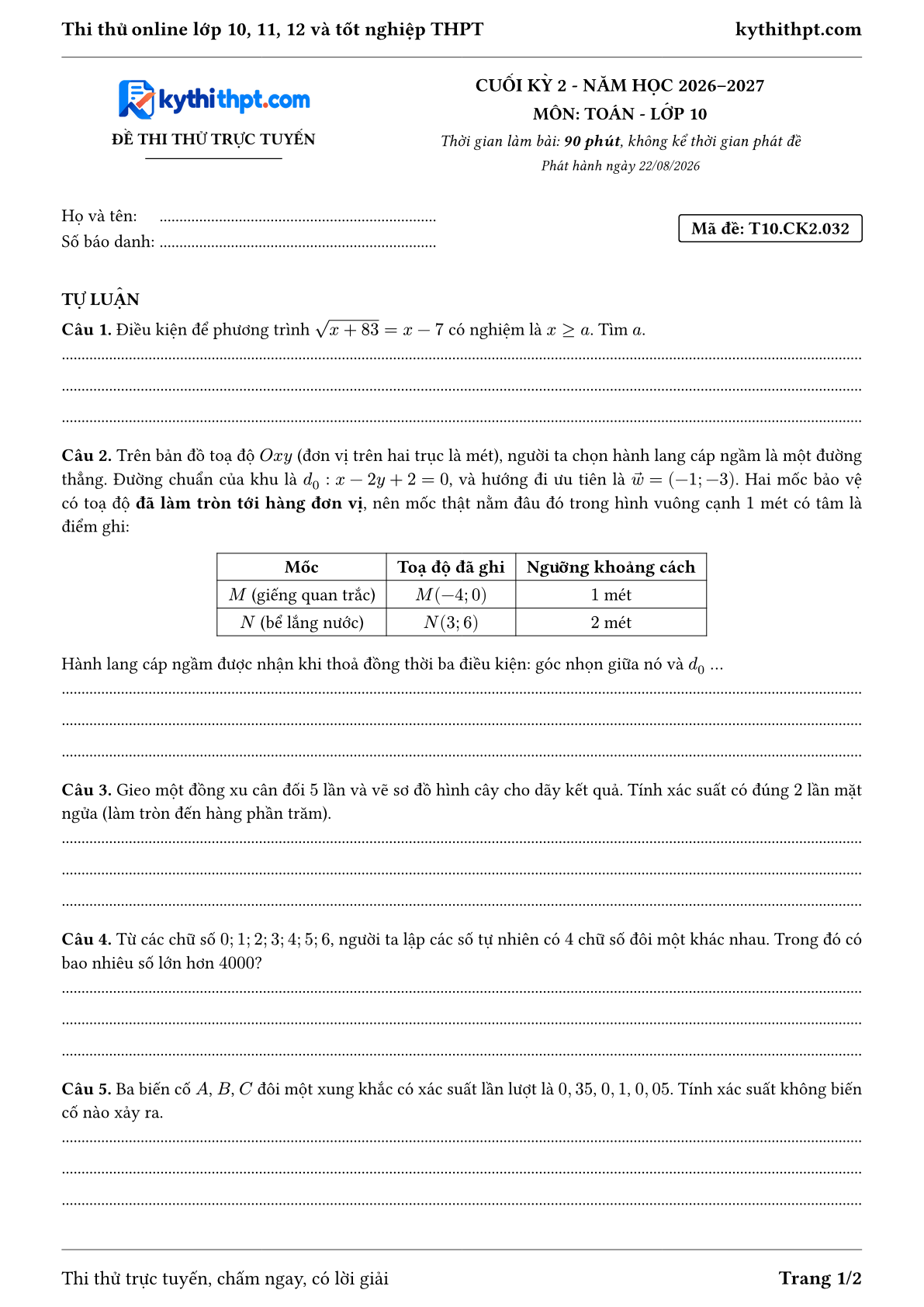Trang đầu Đề thi thử online cuối kỳ 2 môn Toán lớp 10 - full tự luận - đề 032