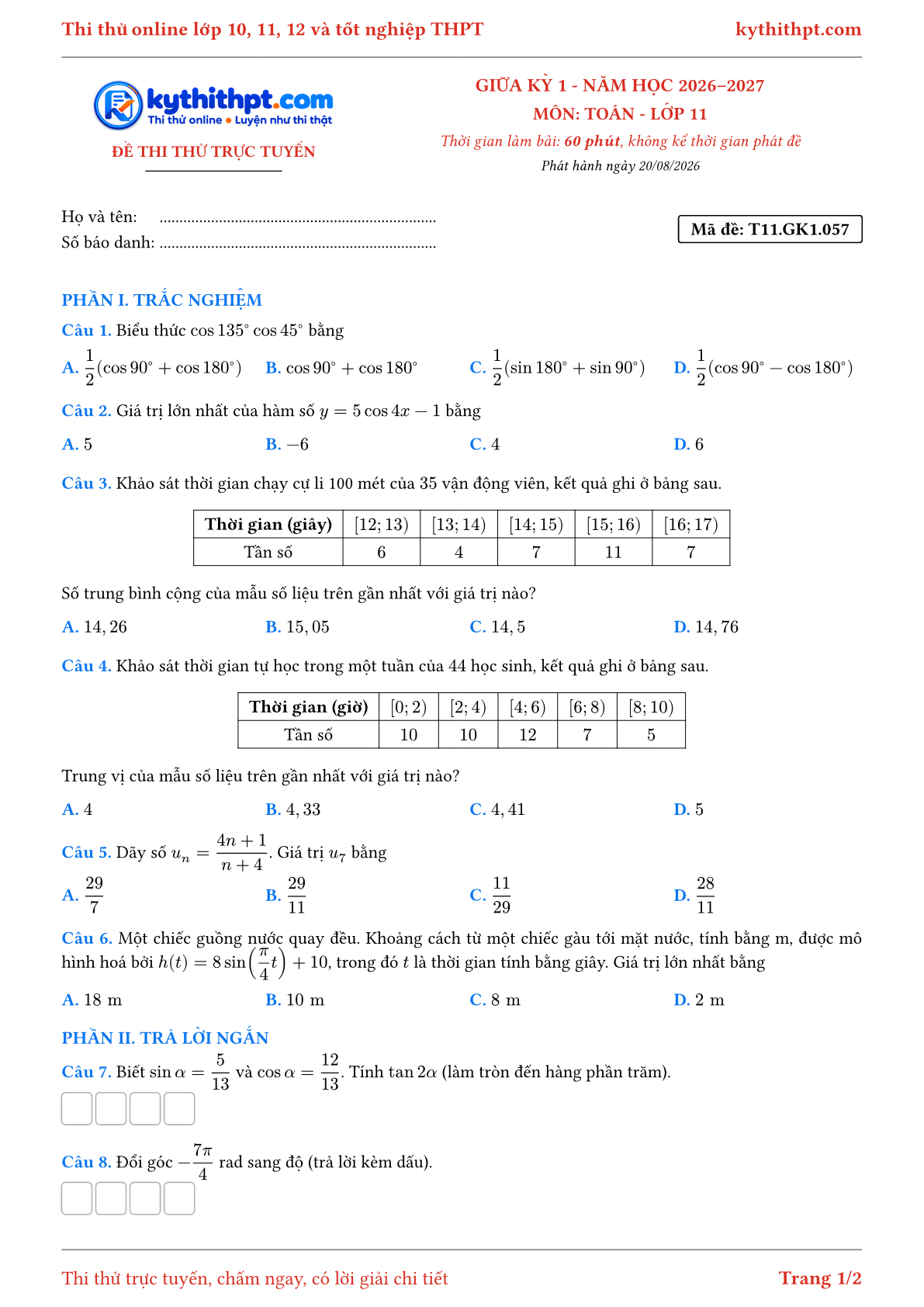 Trang đầu Đề thi thử online giữa kỳ 1 môn Toán lớp 11 - trắc nghiệm + trả lời ngắn - đề 059
