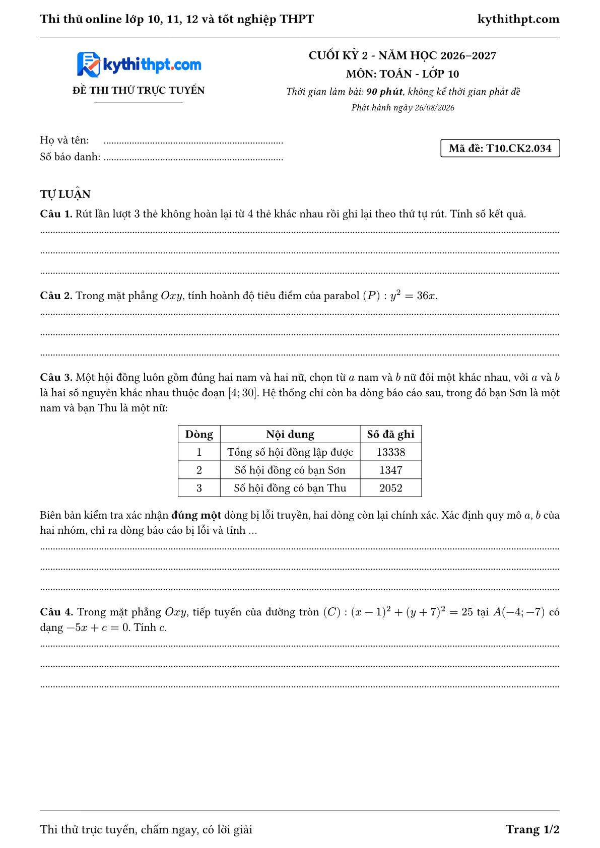 Trang đầu Đề thi thử online cuối kỳ 2 môn Toán lớp 10 - full tự luận - đề 034