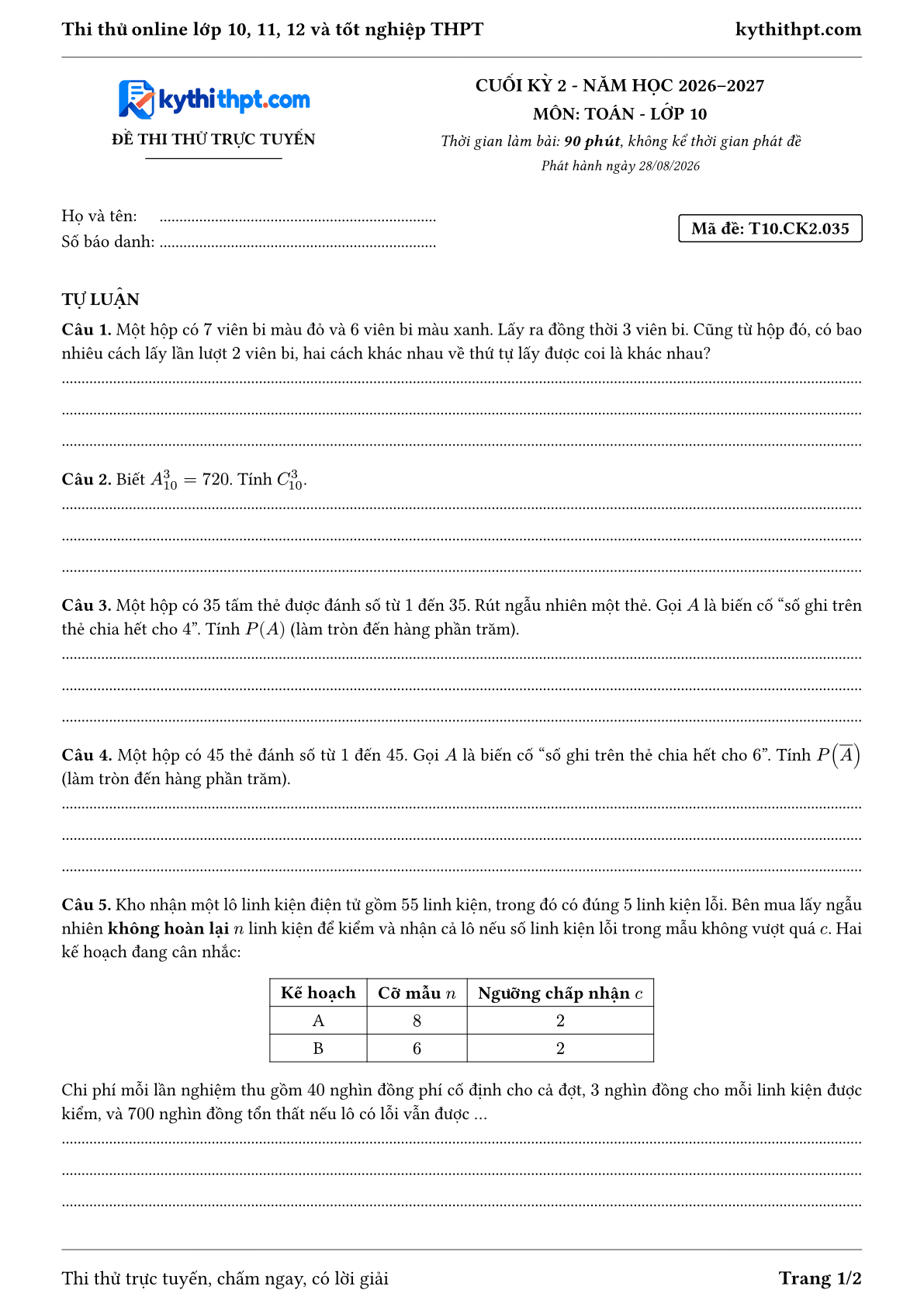 Trang đầu Đề thi thử online cuối kỳ 2 môn Toán lớp 10 - full tự luận - đề 035