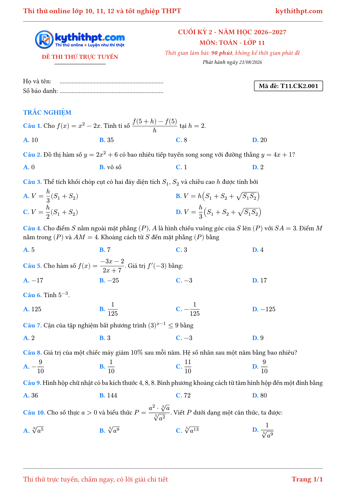 Trang đầu Đề thi thử online cuối kỳ 2 môn Toán lớp 11 - full trắc nghiệm - đề 001