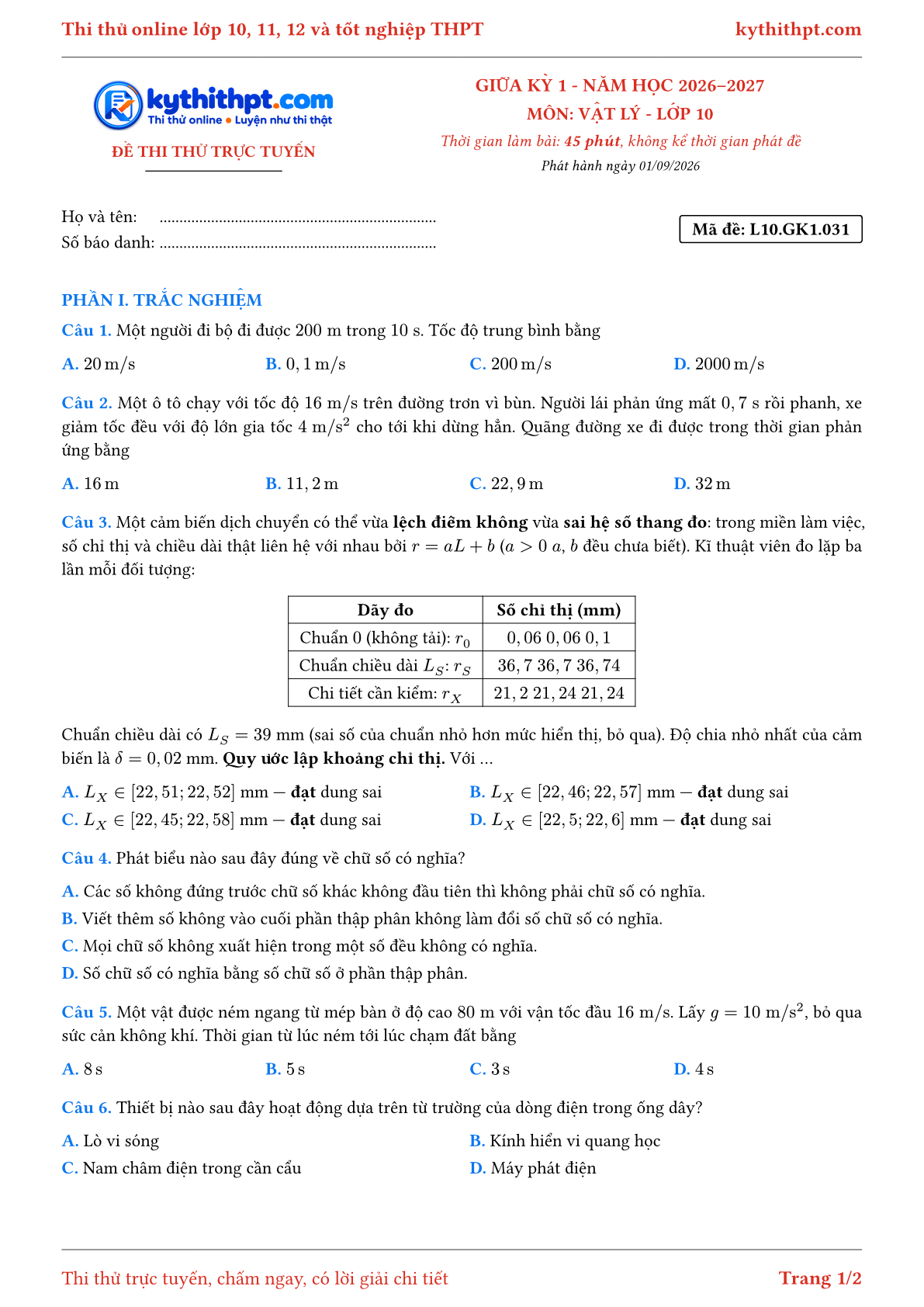 Trang đầu Đề thi thử online giữa kỳ 1 môn Vật lý lớp 10 - trắc nghiệm + trả lời ngắn - đề 031
