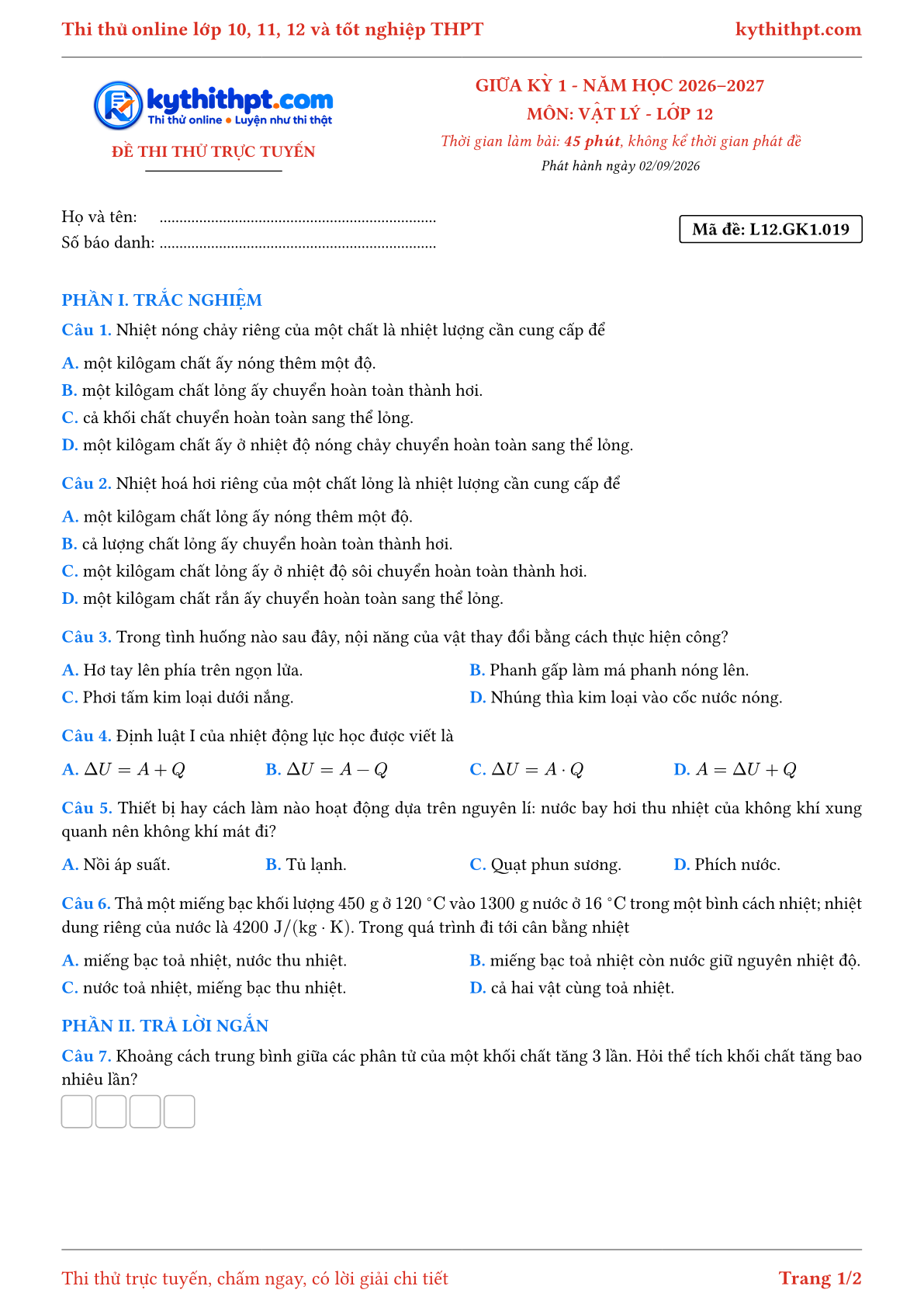 Trang đầu Đề thi thử online giữa kỳ 1 môn Vật lý lớp 12 - trắc nghiệm + trả lời ngắn - đề 020