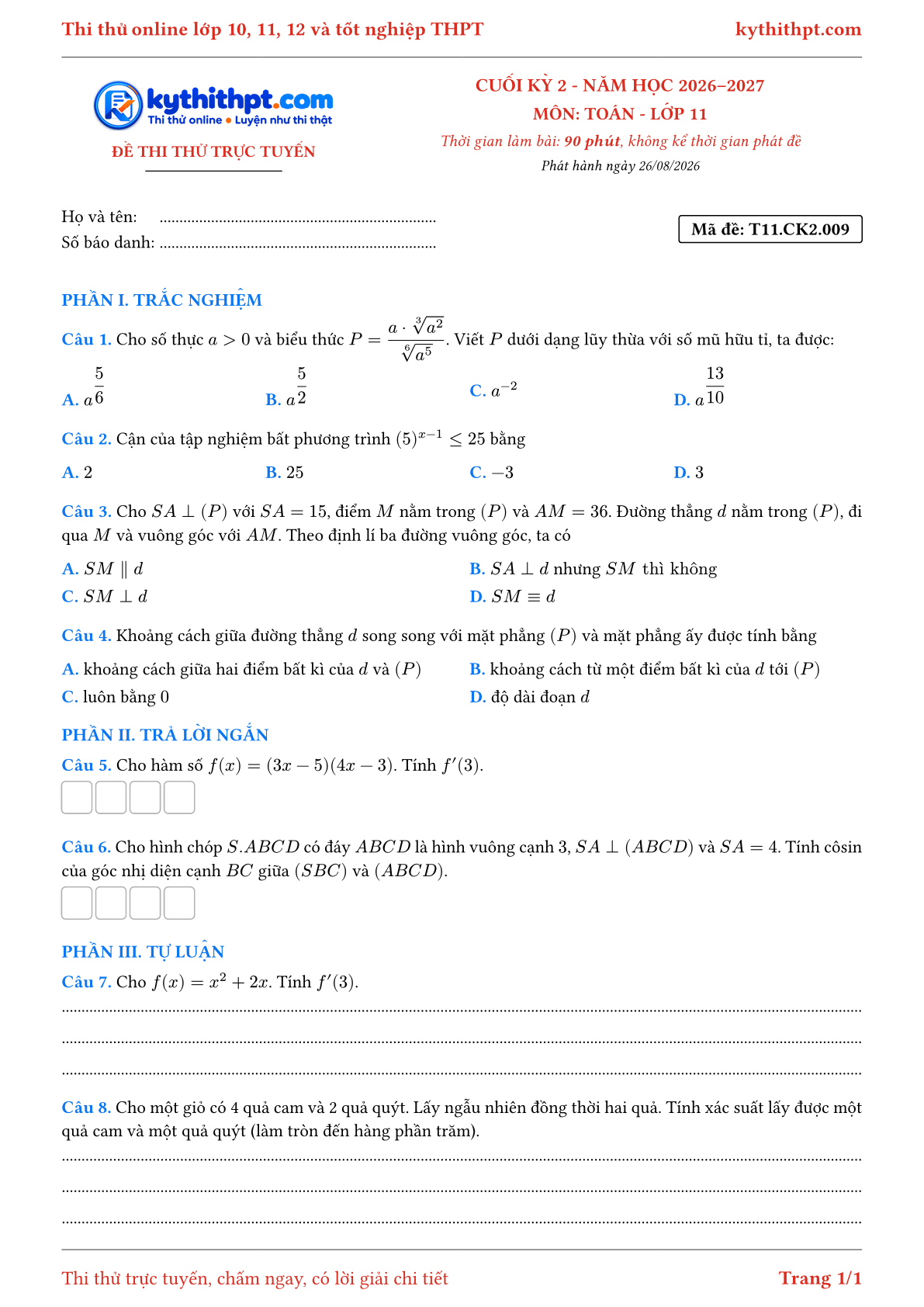 Trang đầu Đề thi thử online cuối kỳ 2 môn Toán lớp 11 - trắc nghiệm + trả lời ngắn + tự luận - đề 009