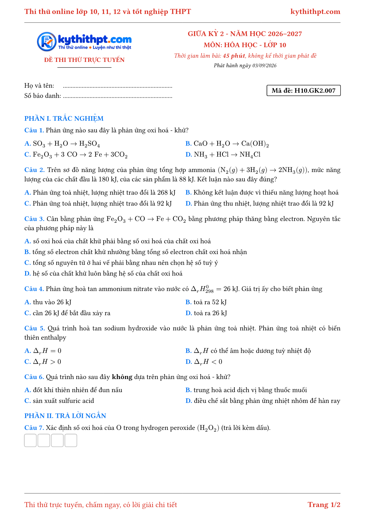 Trang đầu Đề thi thử online giữa kỳ 2 môn Hóa học lớp 10 - trắc nghiệm + trả lời ngắn - đề 007