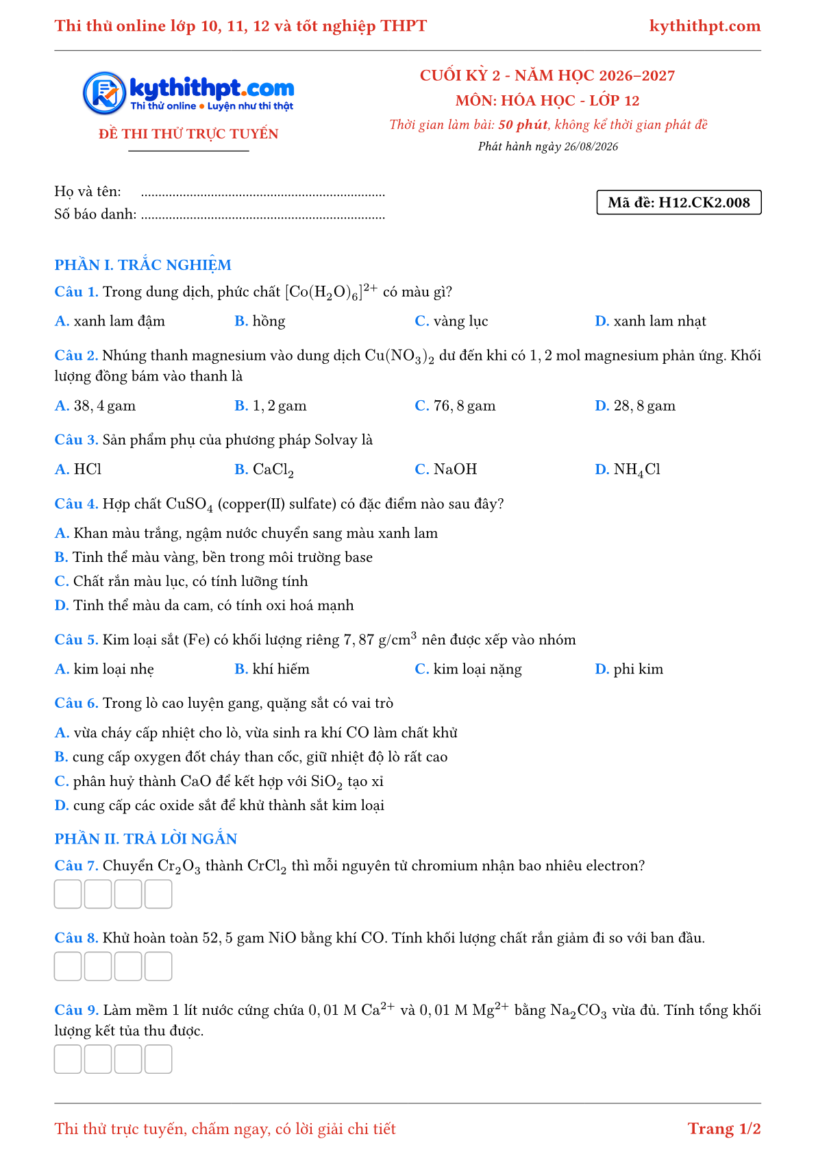 Trang đầu Đề thi thử online cuối kỳ 2 môn Hóa học lớp 12 - trắc nghiệm + trả lời ngắn - đề 008
