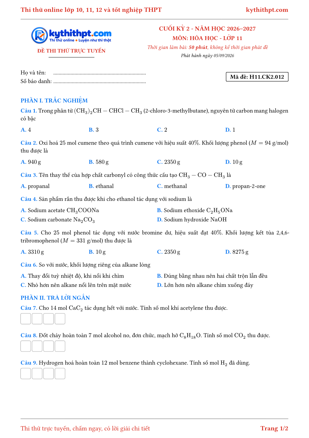 Trang đầu Đề thi thử online cuối kỳ 2 môn Hóa học lớp 11 - trắc nghiệm + trả lời ngắn - đề 012