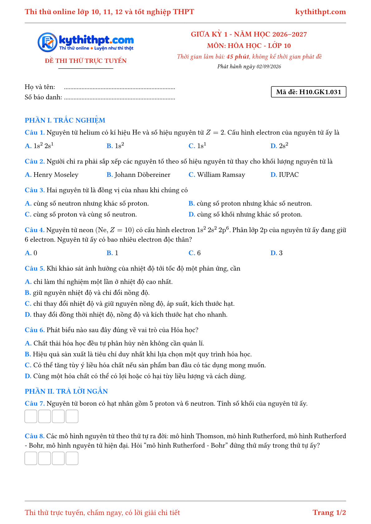 Trang đầu Đề thi thử online giữa kỳ 1 môn Hóa học lớp 10 - trắc nghiệm + trả lời ngắn - đề 032