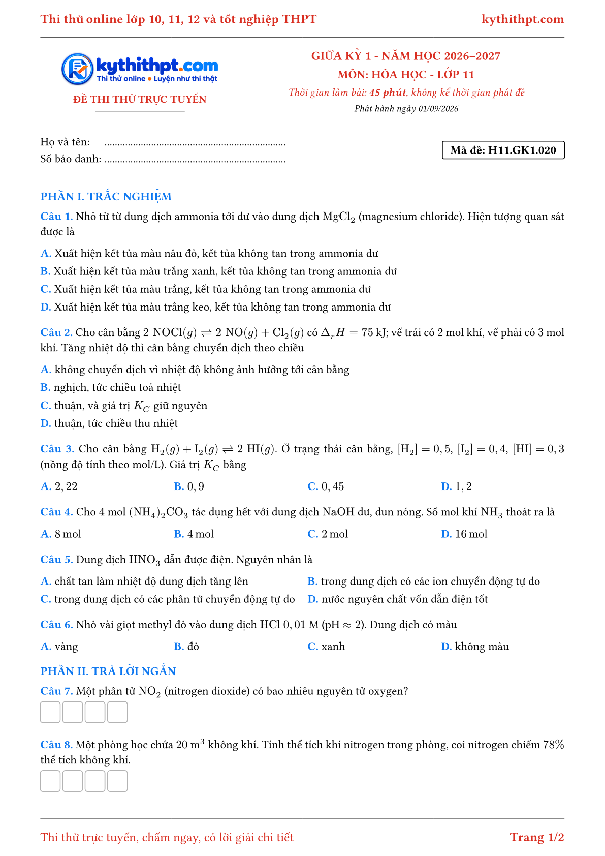 Trang đầu Đề thi thử online giữa kỳ 1 môn Hóa học lớp 11 - trắc nghiệm + trả lời ngắn - đề 021
