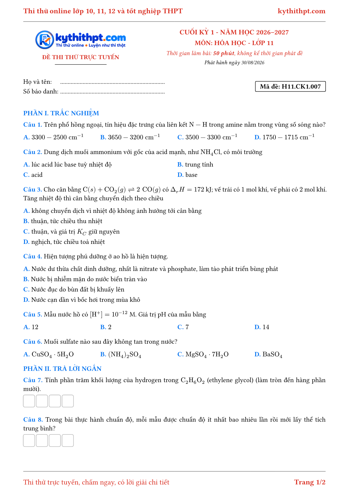 Trang đầu Đề thi thử online cuối kỳ 1 môn Hóa học lớp 11 - trắc nghiệm + trả lời ngắn - đề 007