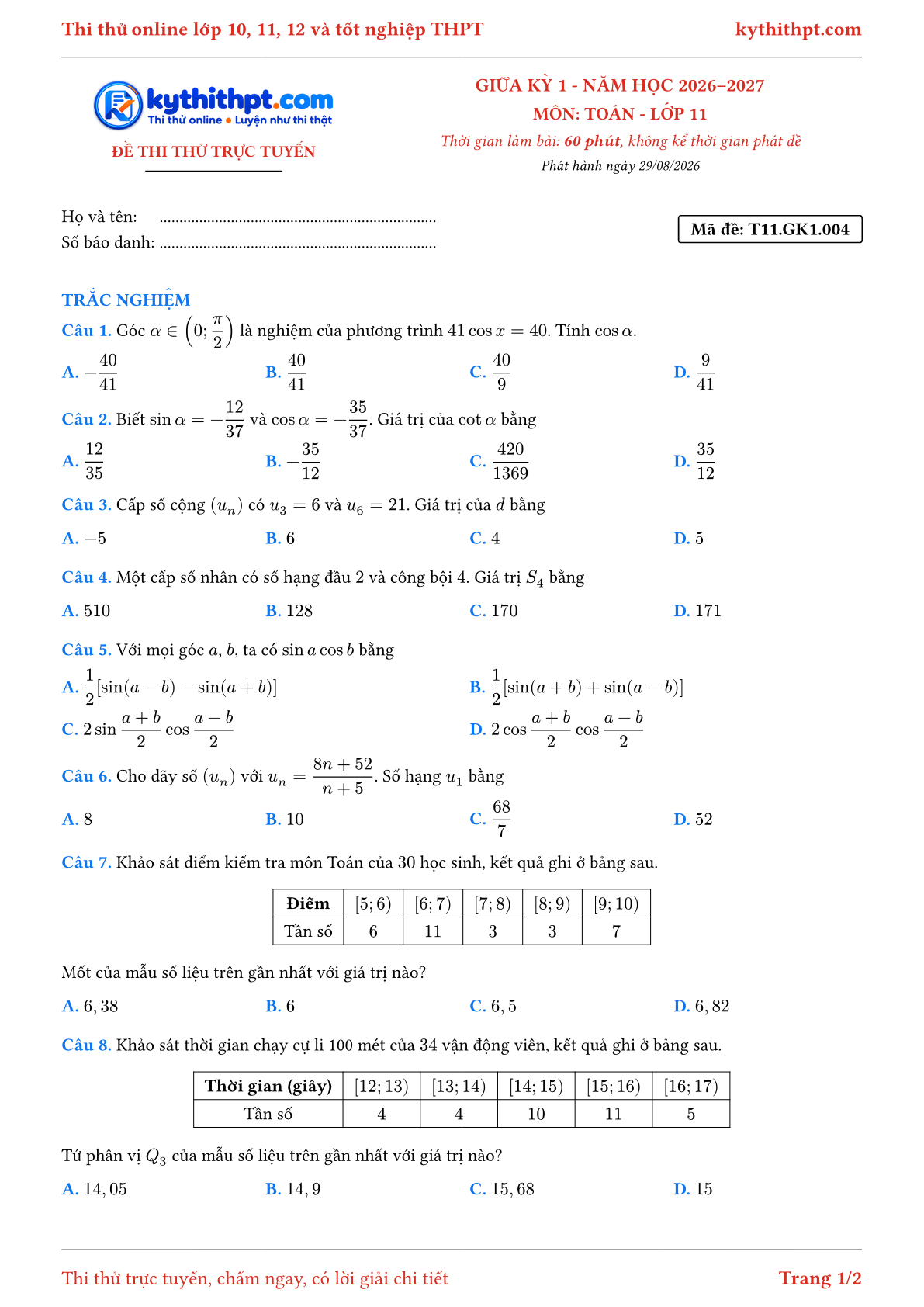 Trang đầu Đề thi thử online giữa kỳ 1 môn Toán lớp 11 - full trắc nghiệm - đề 004