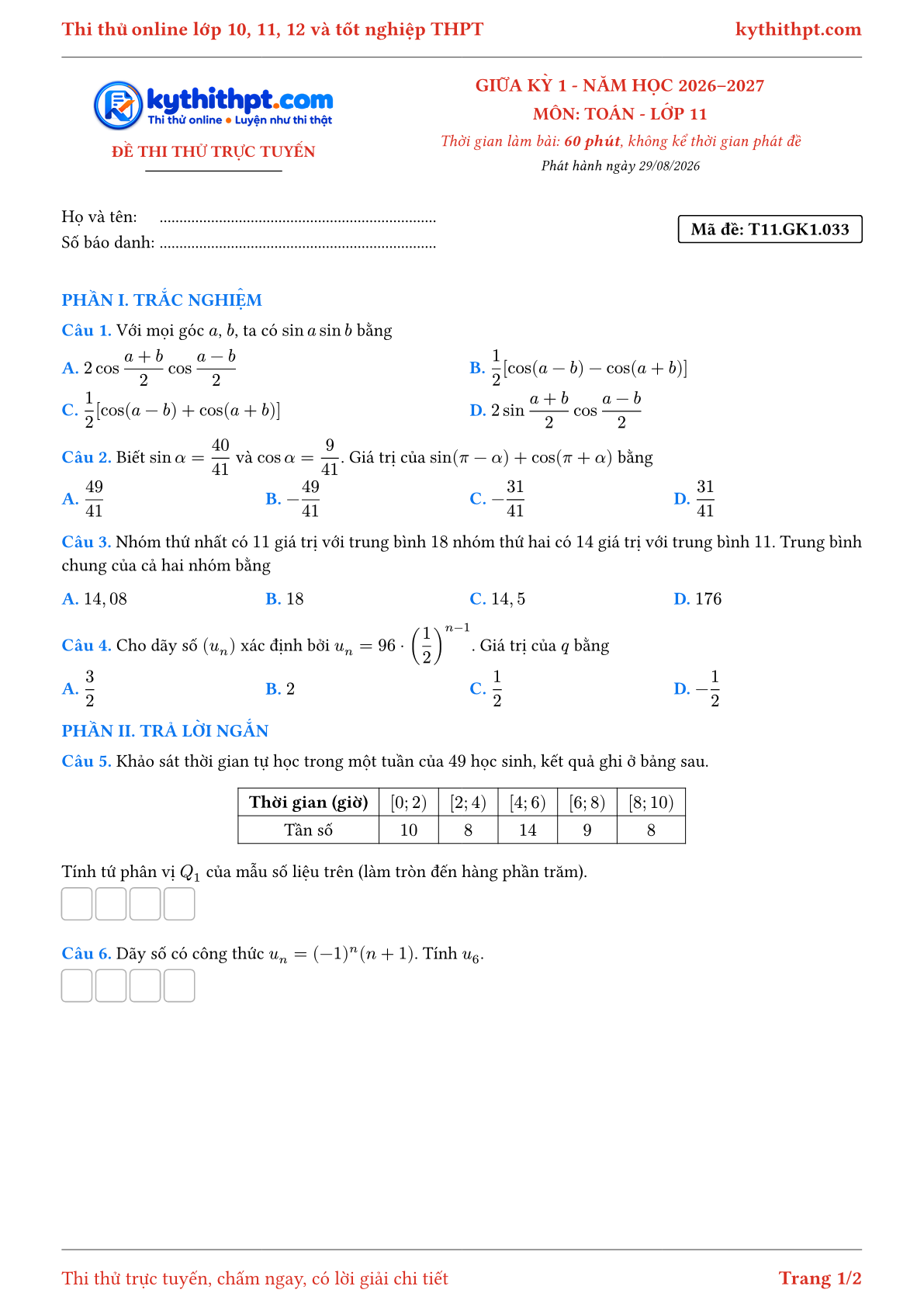 Trang đầu Đề thi thử online giữa kỳ 1 môn Toán lớp 11 - trắc nghiệm + trả lời ngắn + tự luận - đề 033