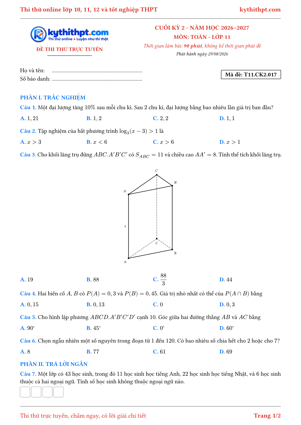 Trang đầu Đề thi thử online cuối kỳ 2 môn Toán lớp 11 - trắc nghiệm + trả lời ngắn - đề 017