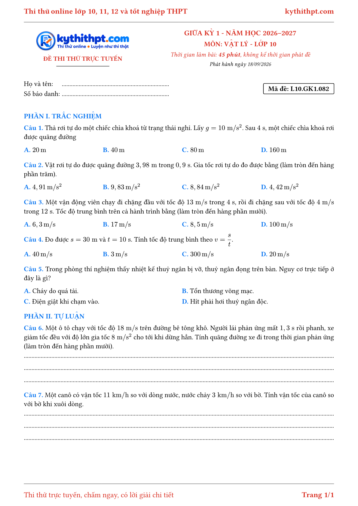 Trang đầu Đề thi thử online giữa kỳ 1 môn Vật lý lớp 10 - trắc nghiệm + tự luận - đề 082