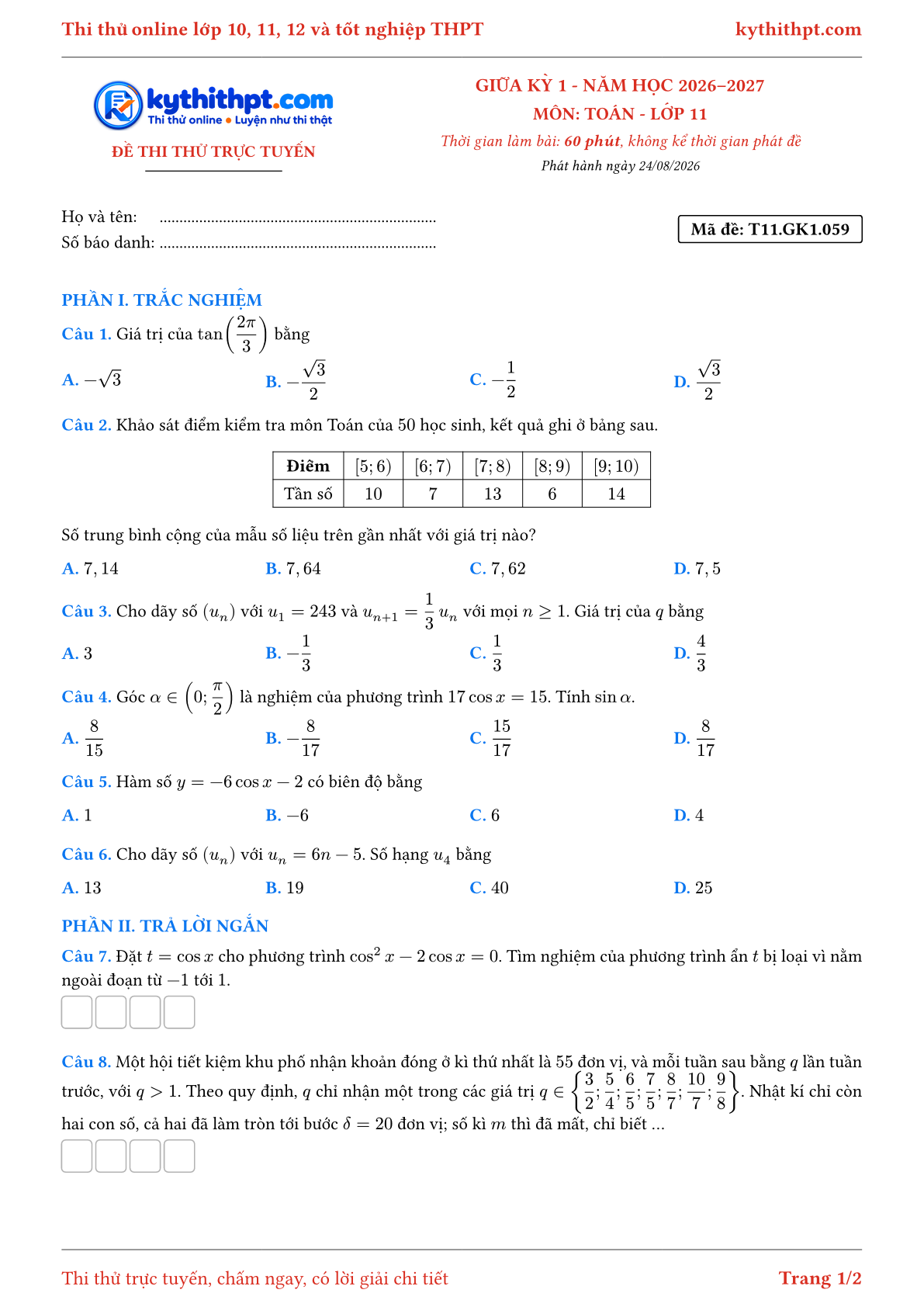 Trang đầu Đề thi thử online giữa kỳ 1 môn Toán lớp 11 - trắc nghiệm + trả lời ngắn - đề 061