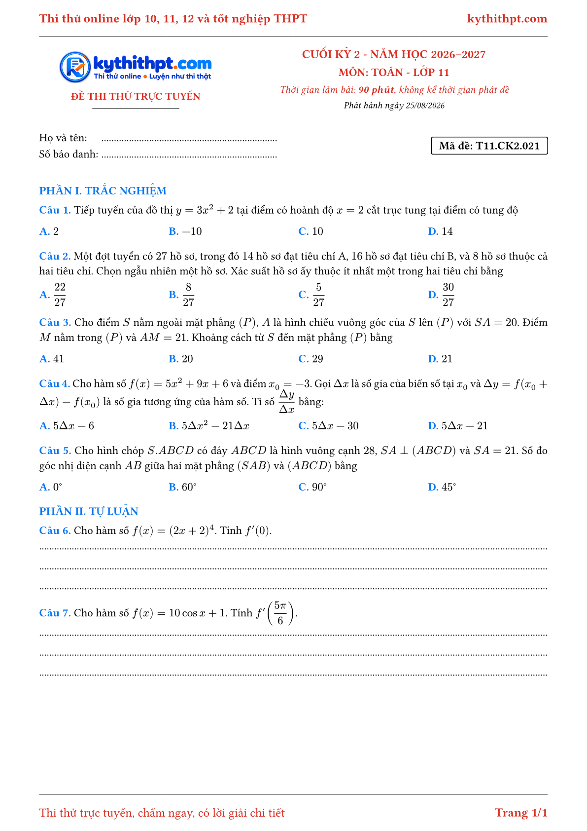 Trang đầu Đề thi thử online cuối kỳ 2 môn Toán lớp 11 - trắc nghiệm + tự luận - đề 021