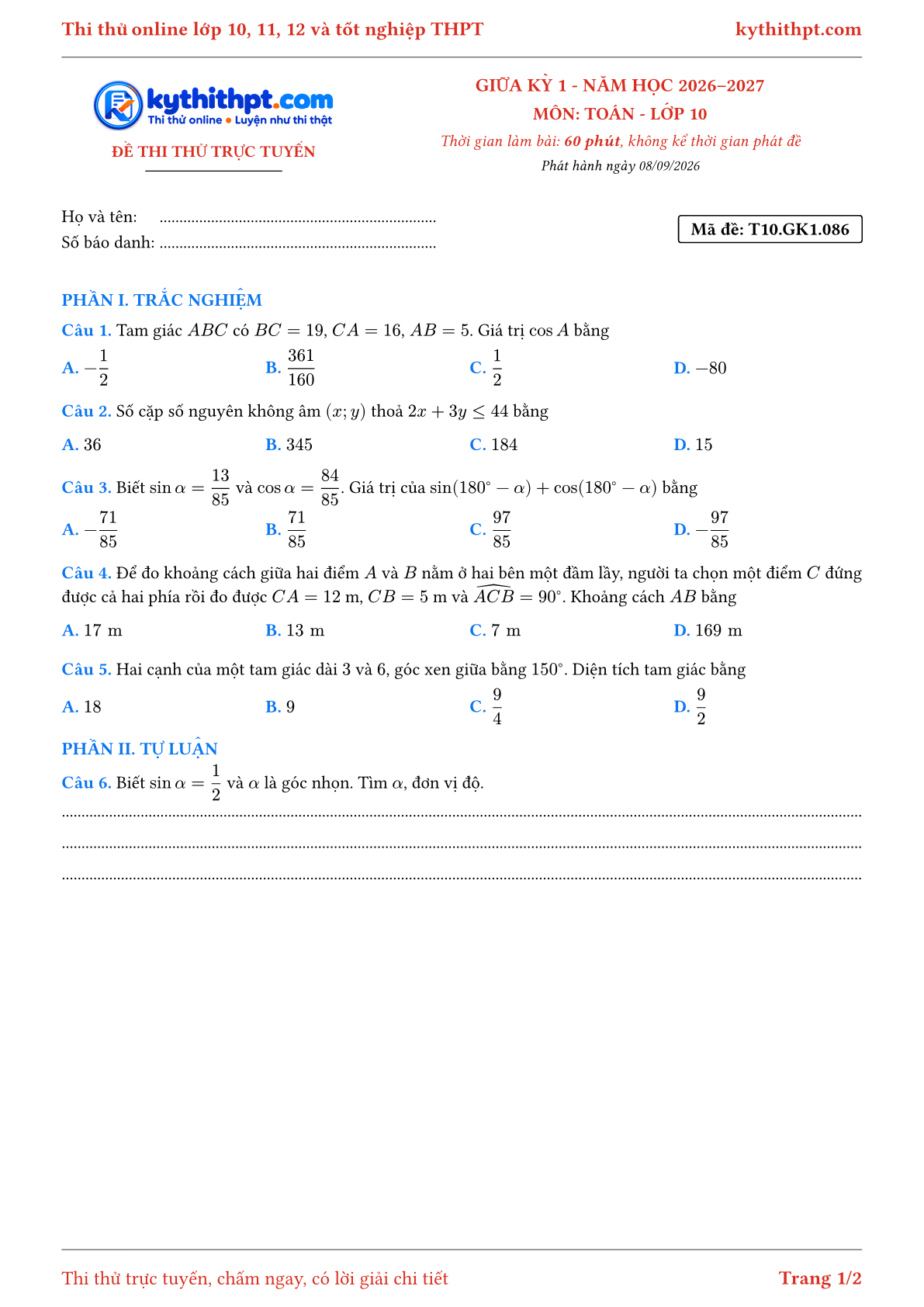 Trang đầu Đề thi thử online giữa kỳ 1 môn Toán lớp 10 - trắc nghiệm + tự luận - đề 086