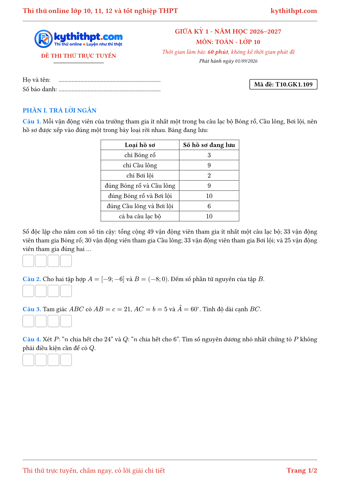 Trang đầu Đề thi thử online giữa kỳ 1 môn Toán lớp 10 - trả lời ngắn + tự luận - đề 109