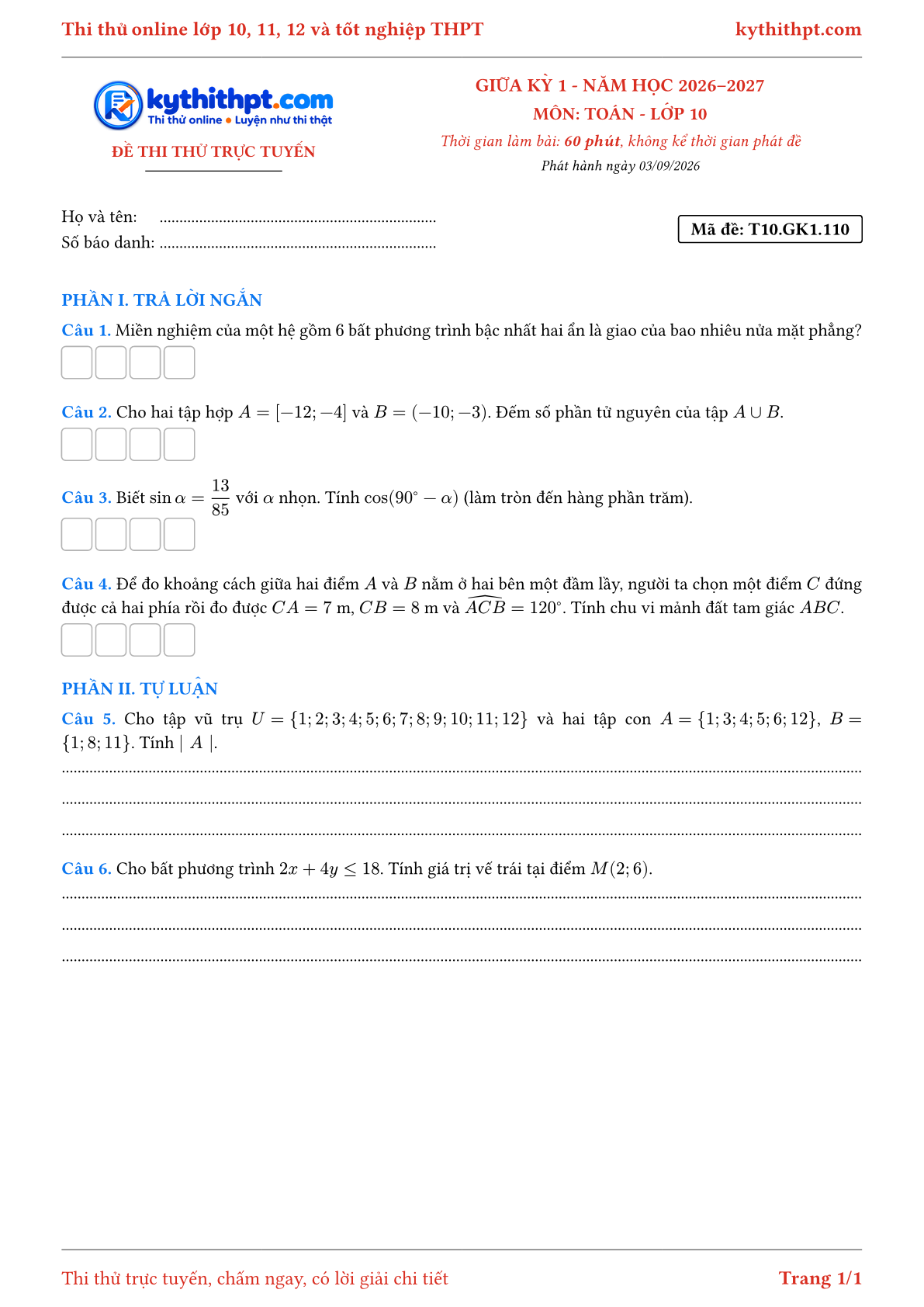 Trang đầu Đề thi thử online giữa kỳ 1 môn Toán lớp 10 - trả lời ngắn + tự luận - đề 110